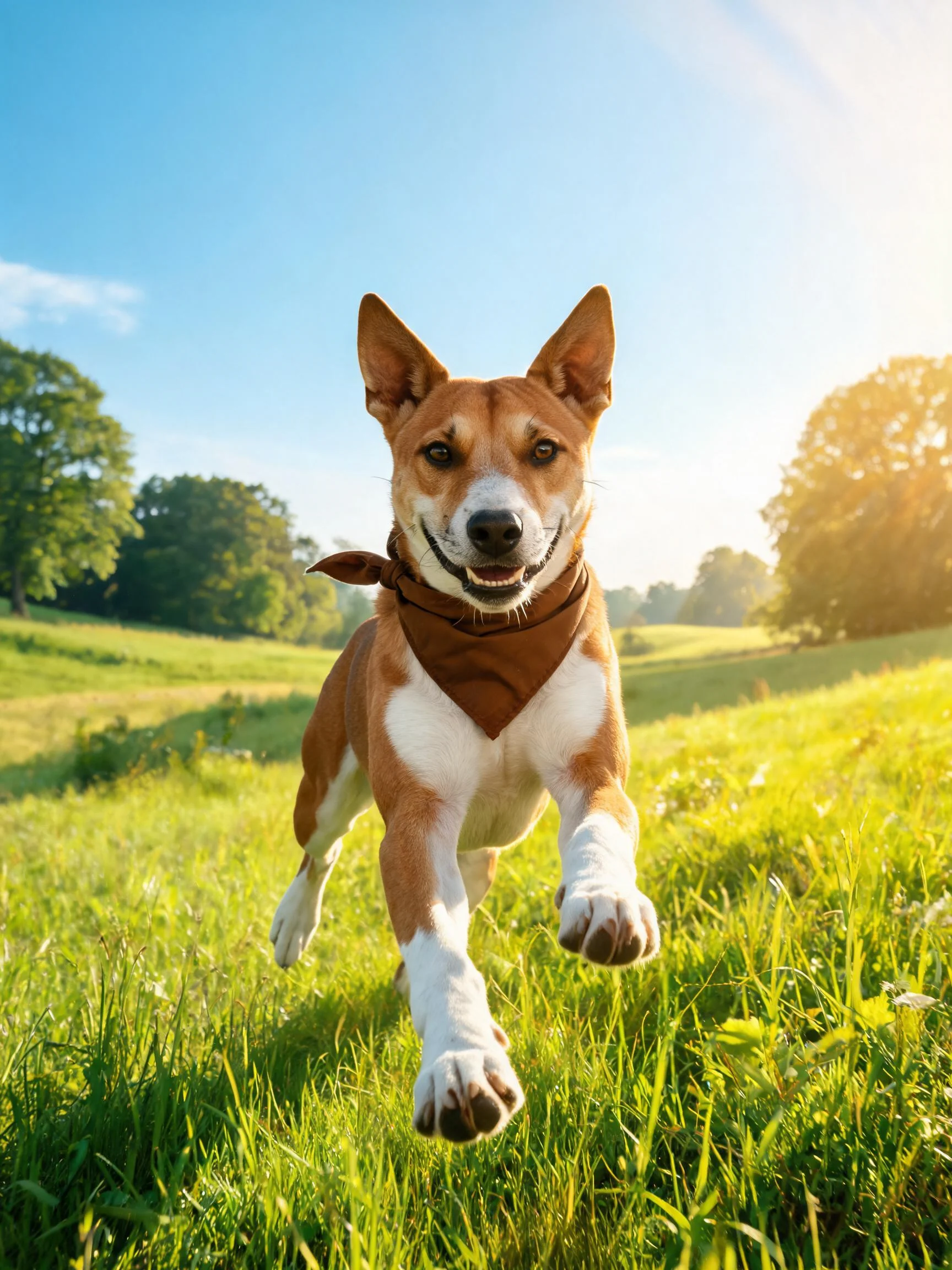 巴森吉犬在阳光下奔跑,棕白相间的毛发清晰可见,耳朵竖立姿态。