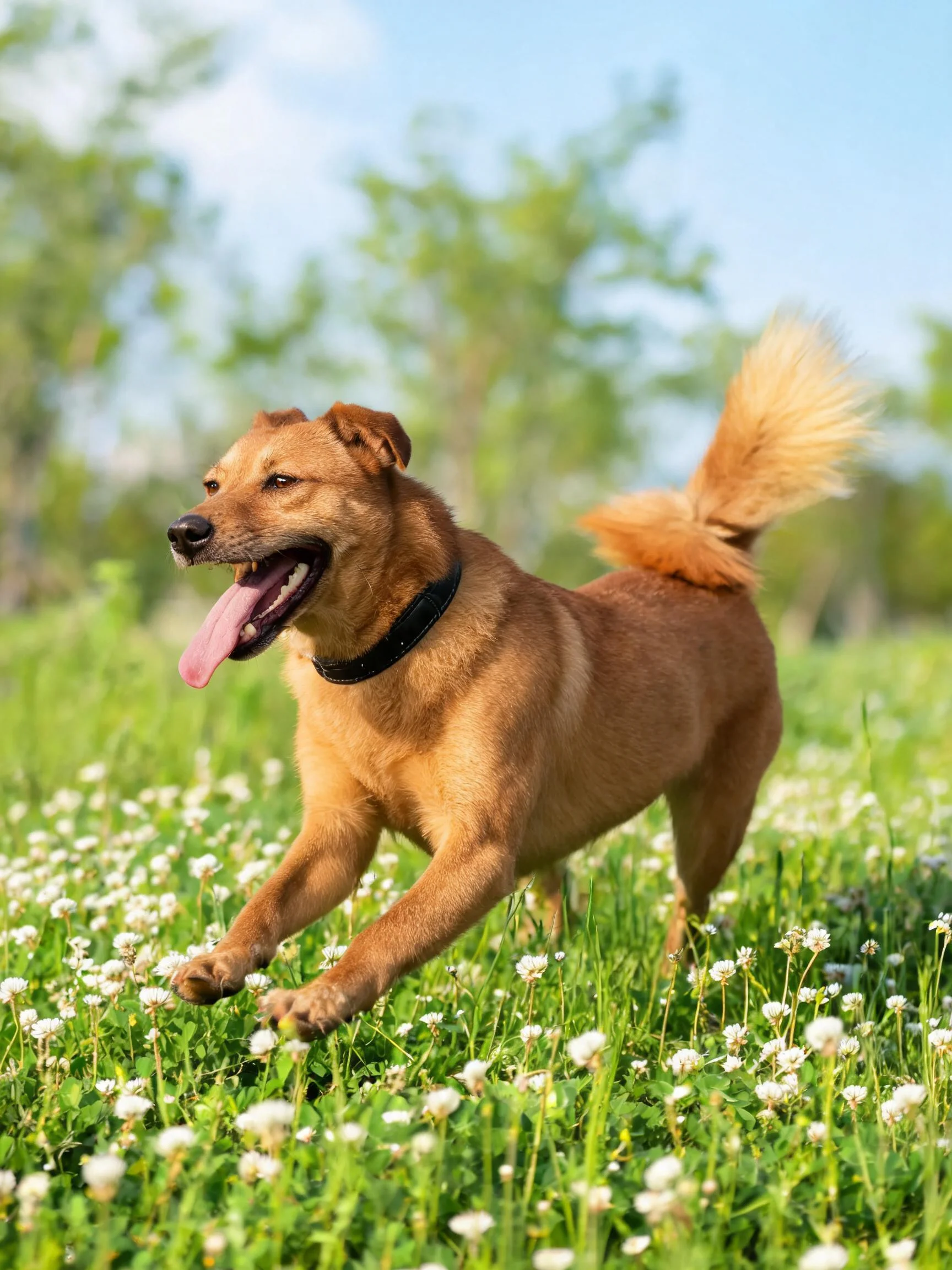 一只黄棕色的混血犬在开满小白花的草地上奔跑,露出伸出的舌头和黑色项圈。