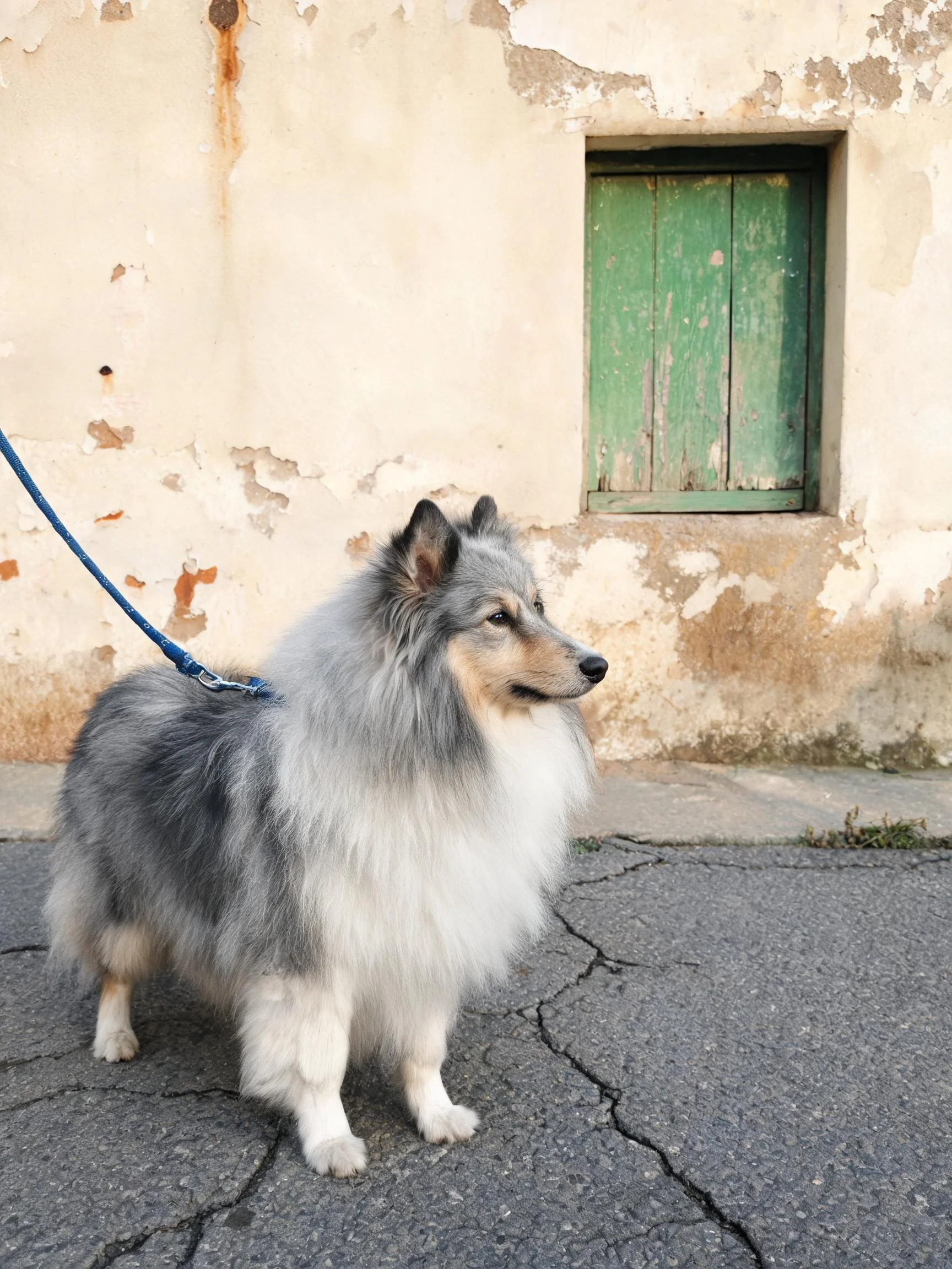 一只灰白相间的喜乐蒂牧羊犬站在老旧房屋前的水泥路面上，身上系着蓝色牵引绳，毛发蓬松柔软。
