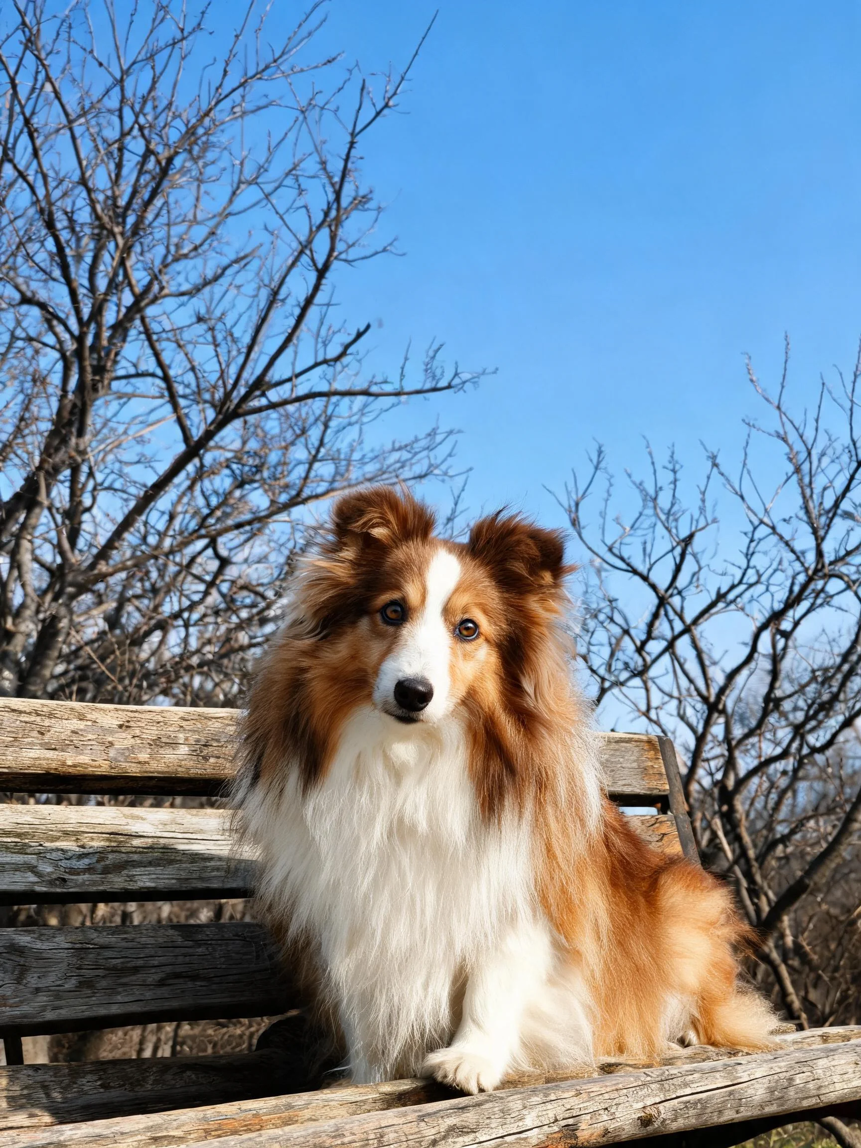 设得兰牧羊犬安静坐在户外木制长椅上,红棕色与白色相间的长毛清晰可见。
