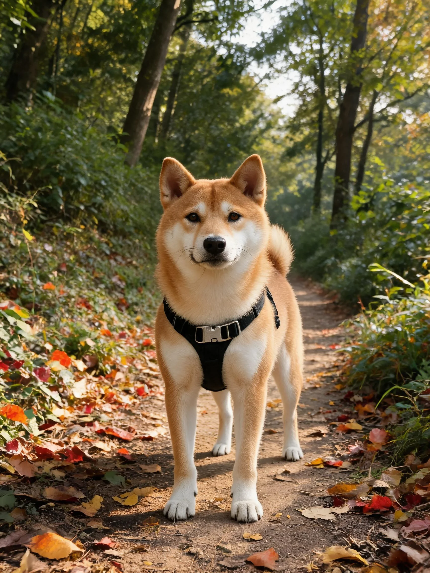 小型柴犬站立在森林步道上，浅棕色毛发搭配白色斑纹，身着黑色胸背带，周围有秋日落叶。