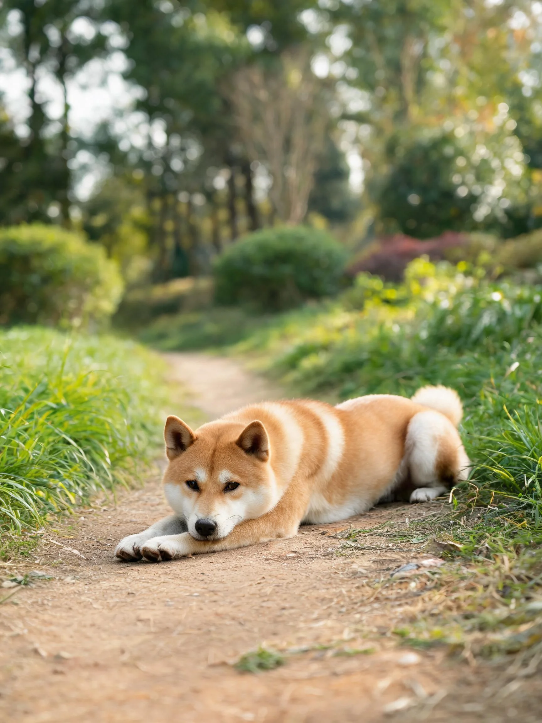 一只浅棕与白色相间的柴犬趴卧在林间土路上,前爪向前伸展,姿态放松。