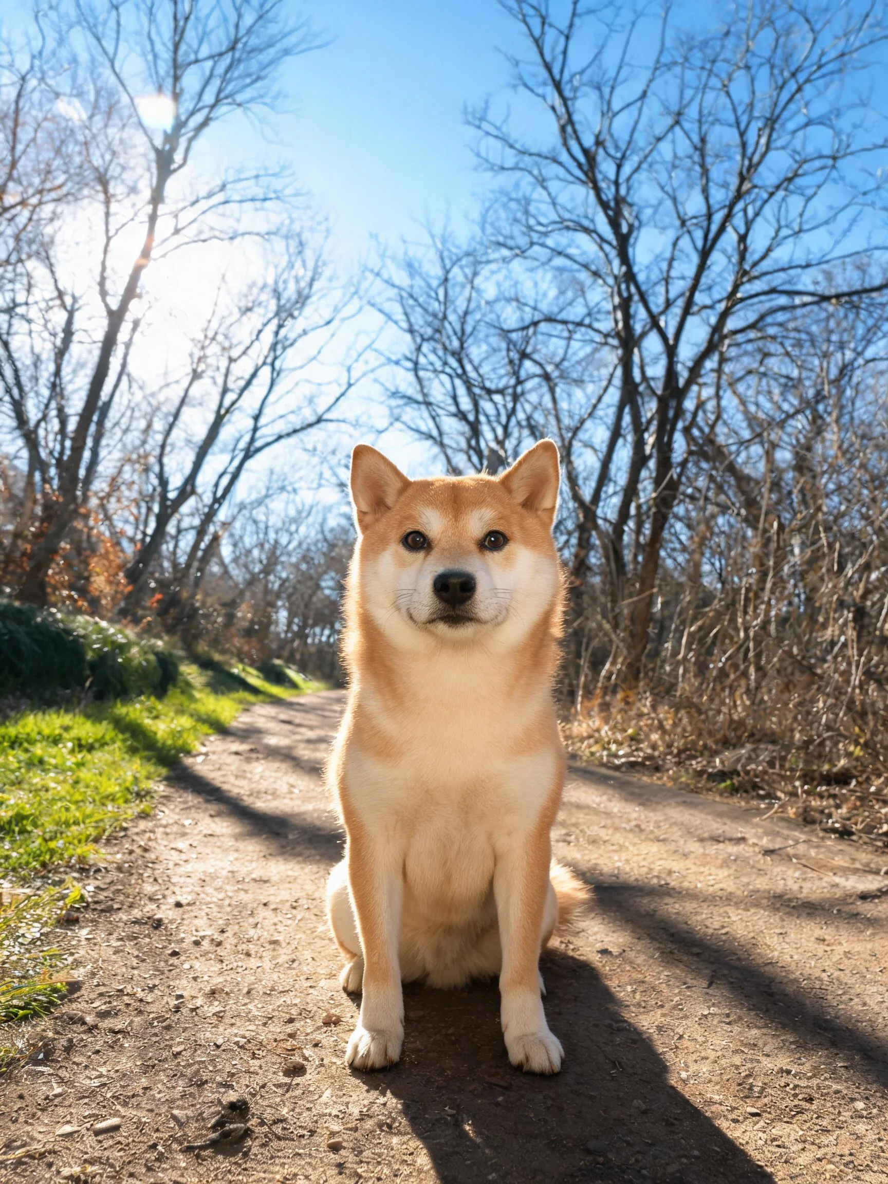 浅棕色与白色相间的秋田犬安静地坐在林间土路上，目光平视前方。