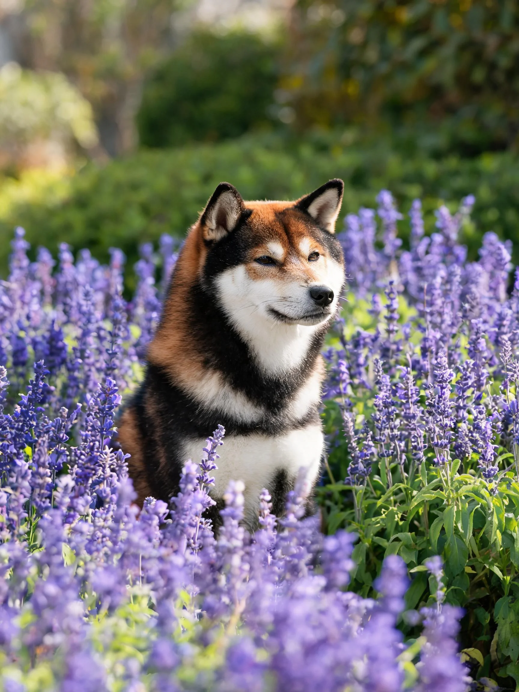 三色柴犬安静地坐在紫色花卉旁,耳朵竖立,眼部周围有白色毛发特征明显。