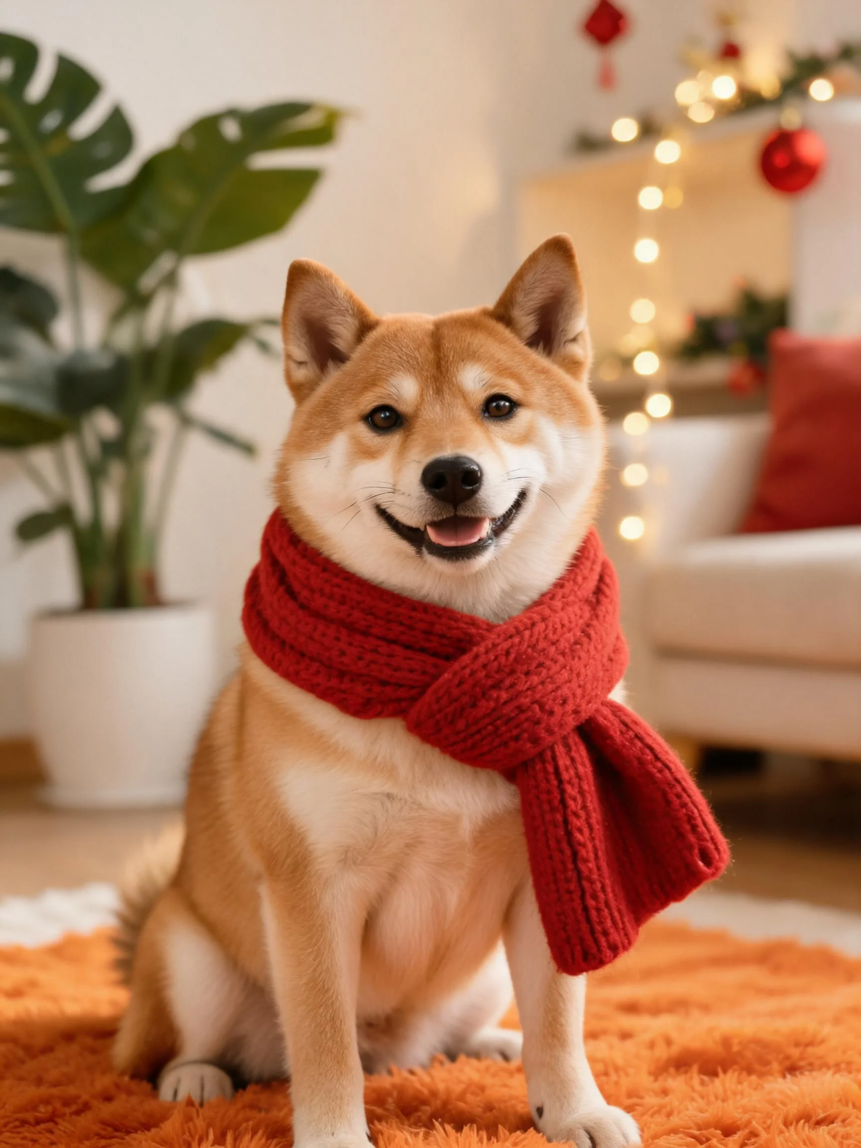 一只柴犬戴着红色针织围巾,面带微笑坐在橙色地毯上,背景有绿植和装饰灯串。