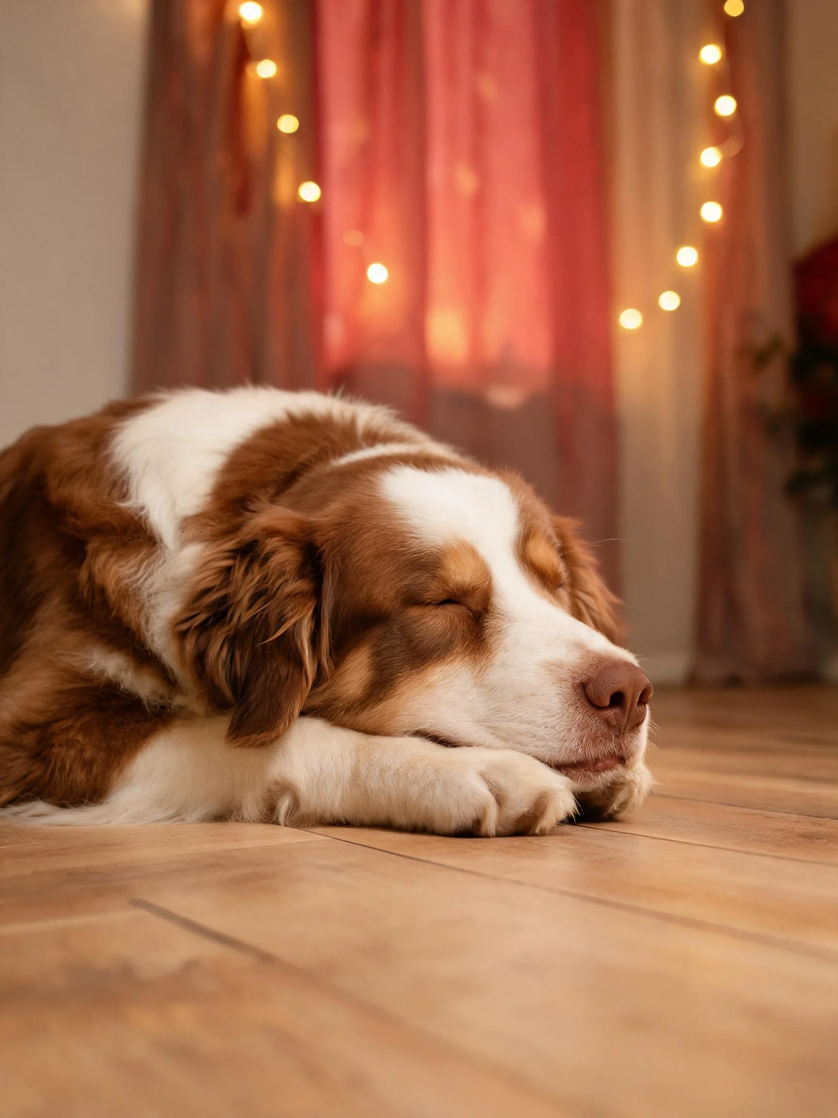 一只棕白相间的布列塔尼猎犬,前爪托着头安静地趴在木地板上睡觉,毛发柔软蓬松。