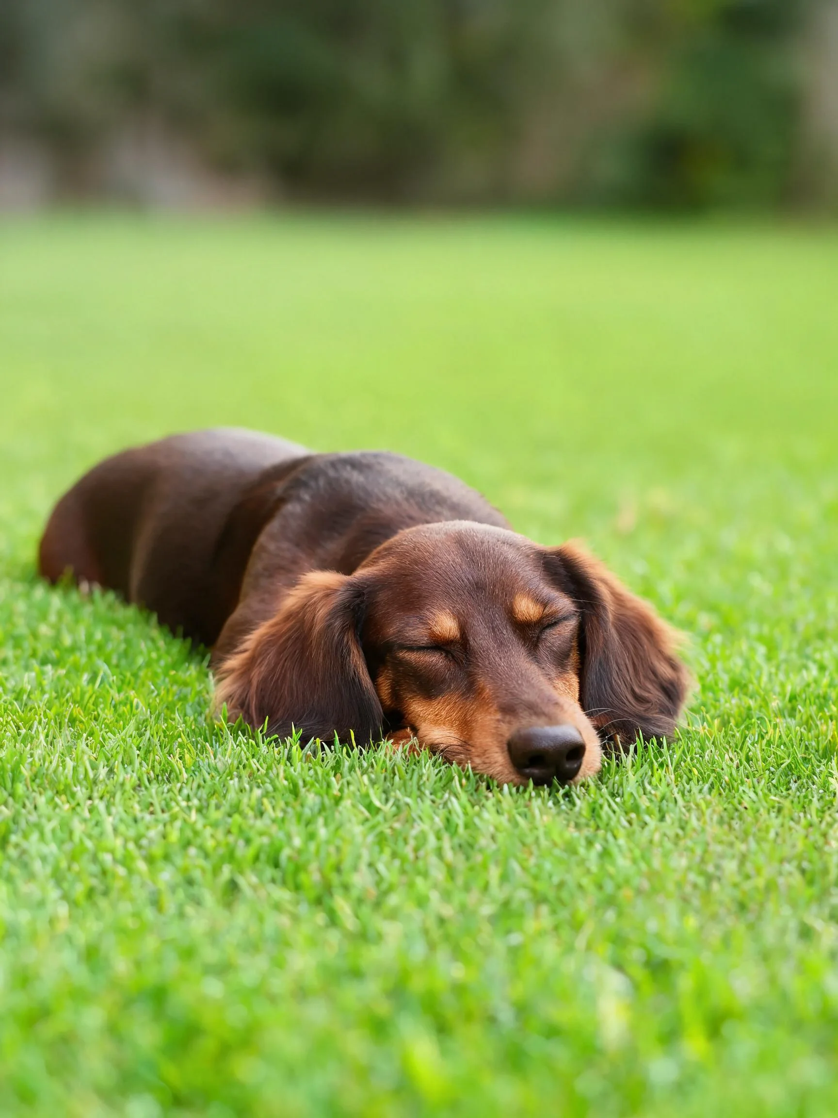 一只腊肠犬以其深棕色带浅色斑纹的毛发趴卧在绿色草坪上,双眼紧闭处于睡眠状态。
