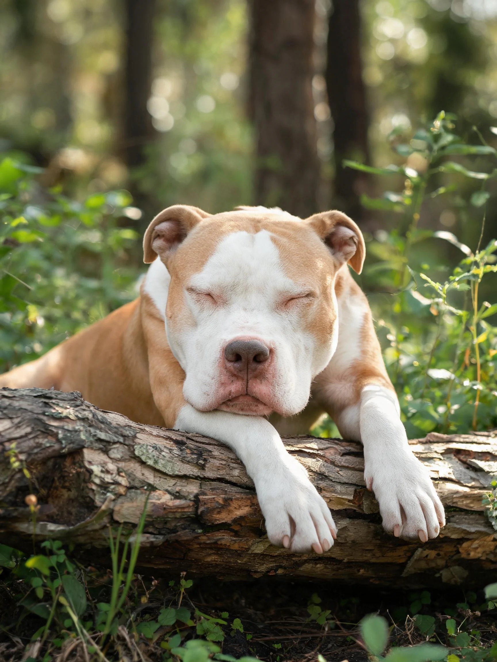 森林里一只棕白相间的比特犬将前爪搭在原木上闭眼休息。