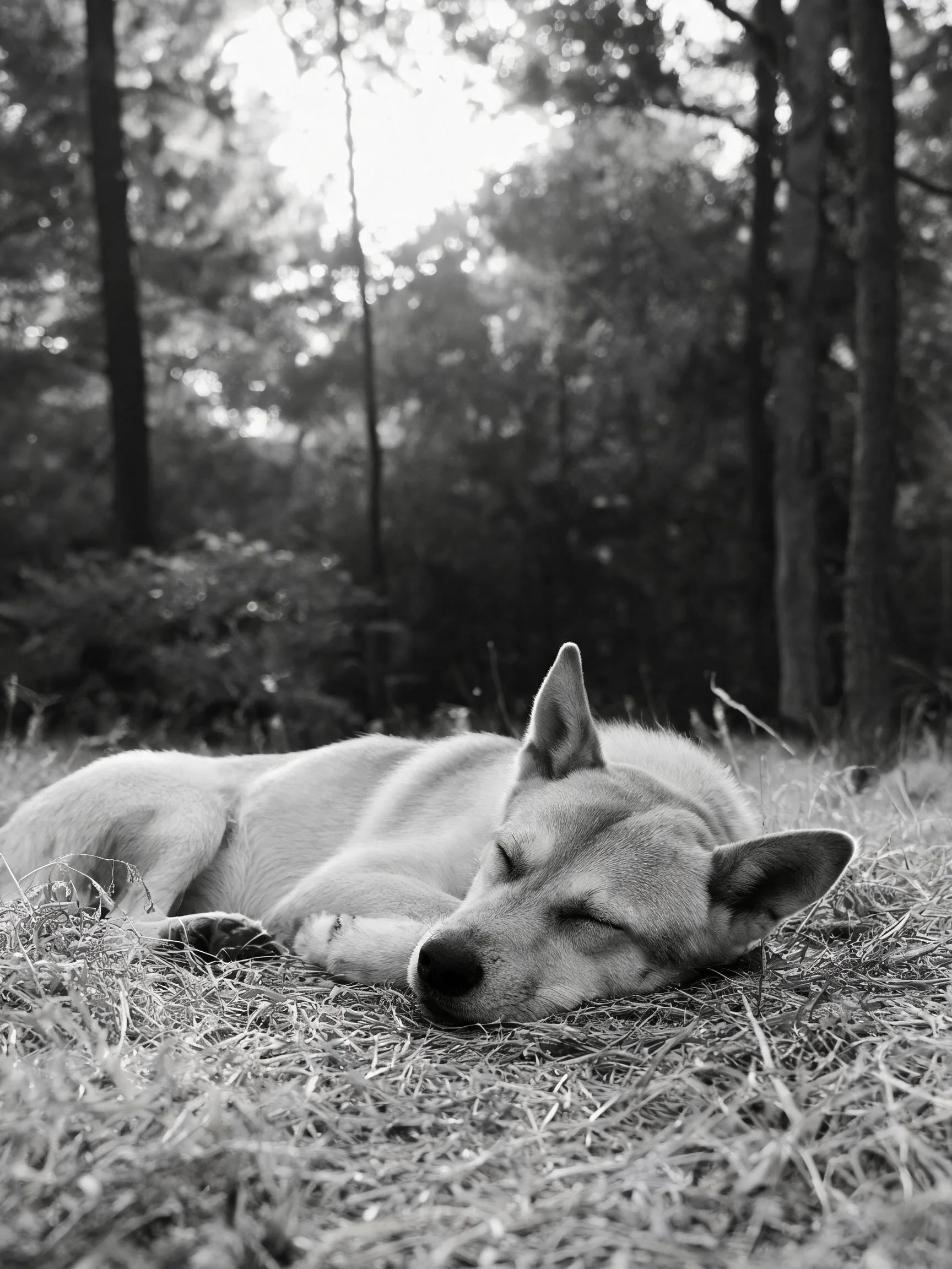 短毛混血犬双眼紧闭趴卧在森林草地间，浅色短毛贴附在草地上。