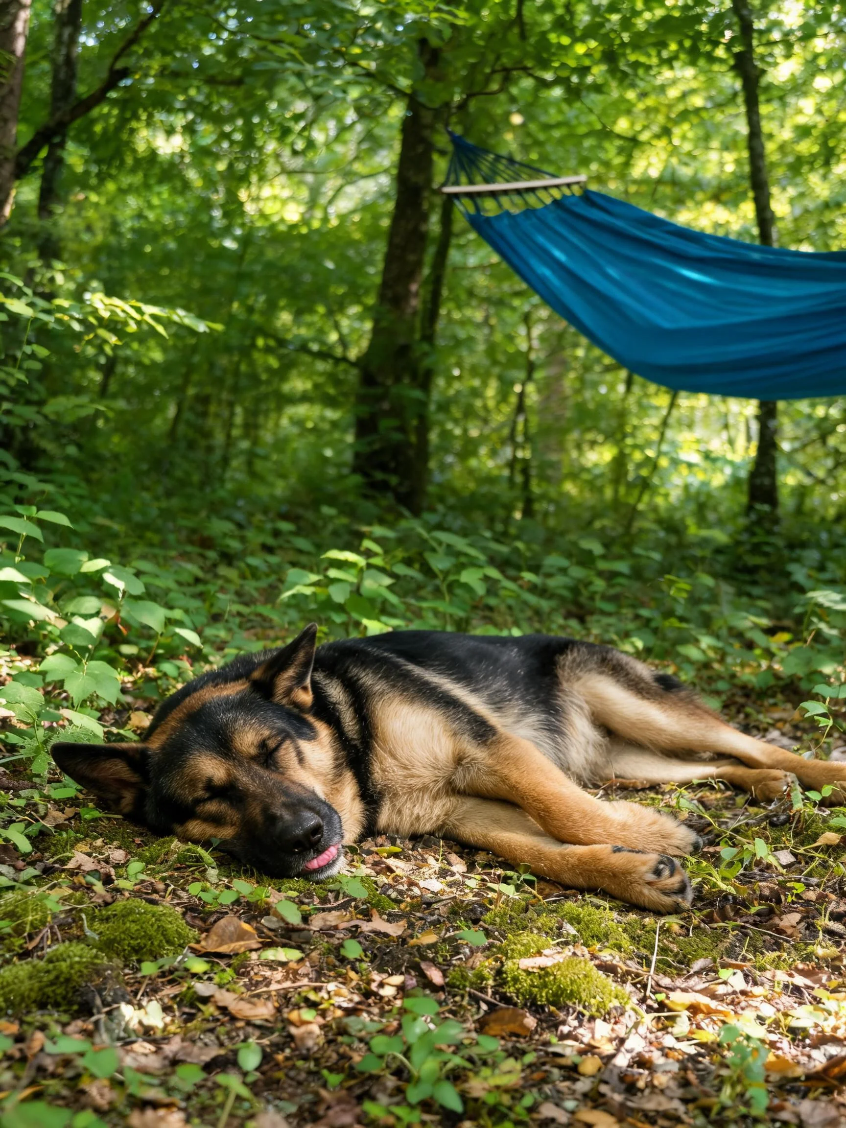 一只德国牧羊犬安静地躺卧在森林地面上,黑色与棕色相间的毛发平铺,周围有绿色植被环绕。