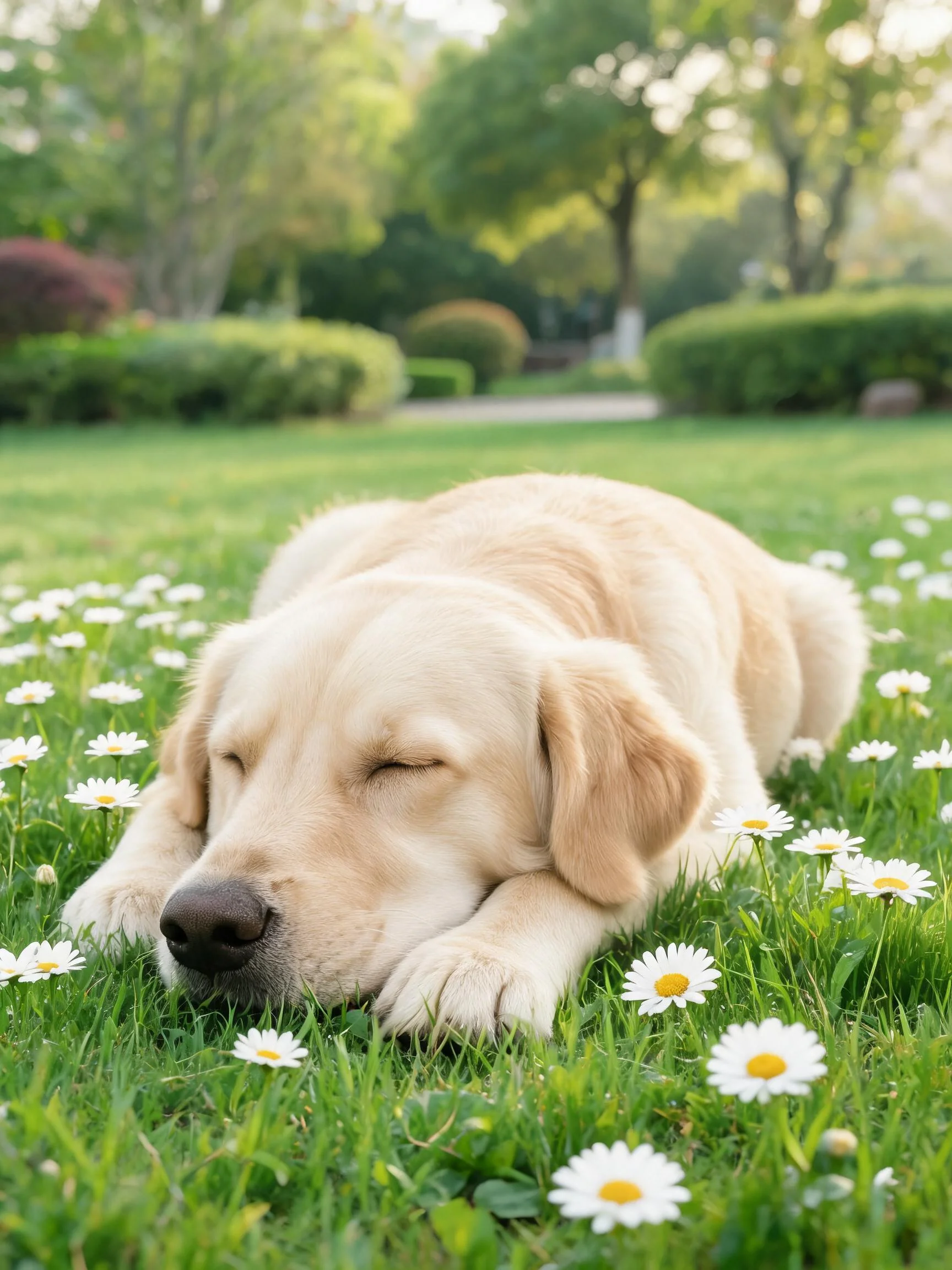 黄色拉布拉多犬闭眼趴卧在草地上,毛发柔软蓬松贴在草面,周围环绕着白色雏菊花朵。