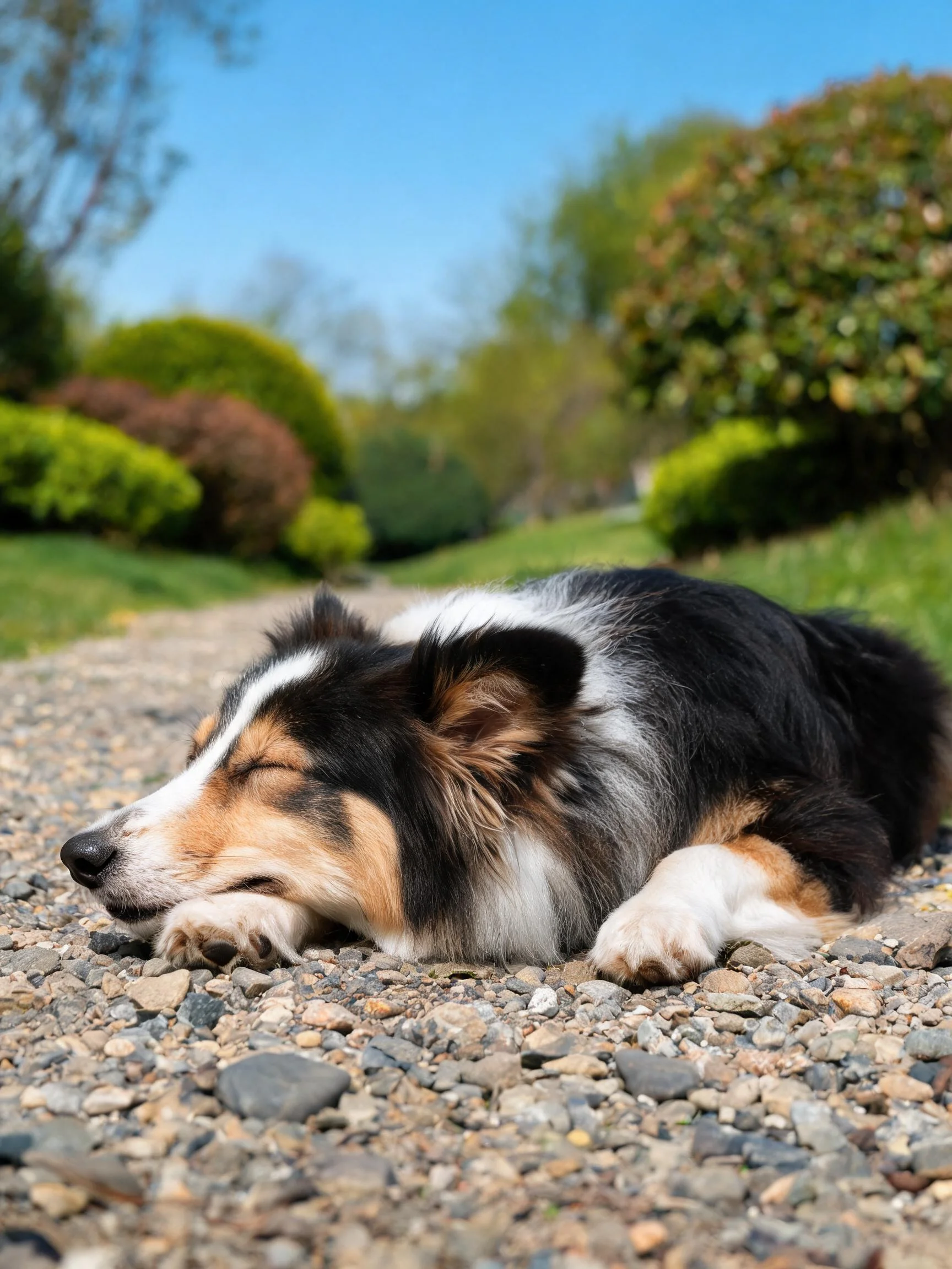 边境牧羊犬趴在碎石路面上,黑、白、棕三色毛发湿润贴在额头。