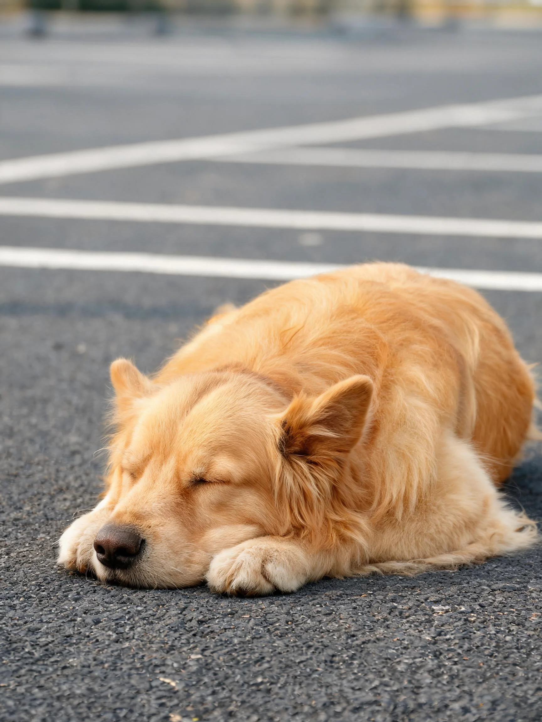 一只金毛犬有着金黄色的毛发,正将头枕在前爪上休息,毛发柔软贴在额头上。