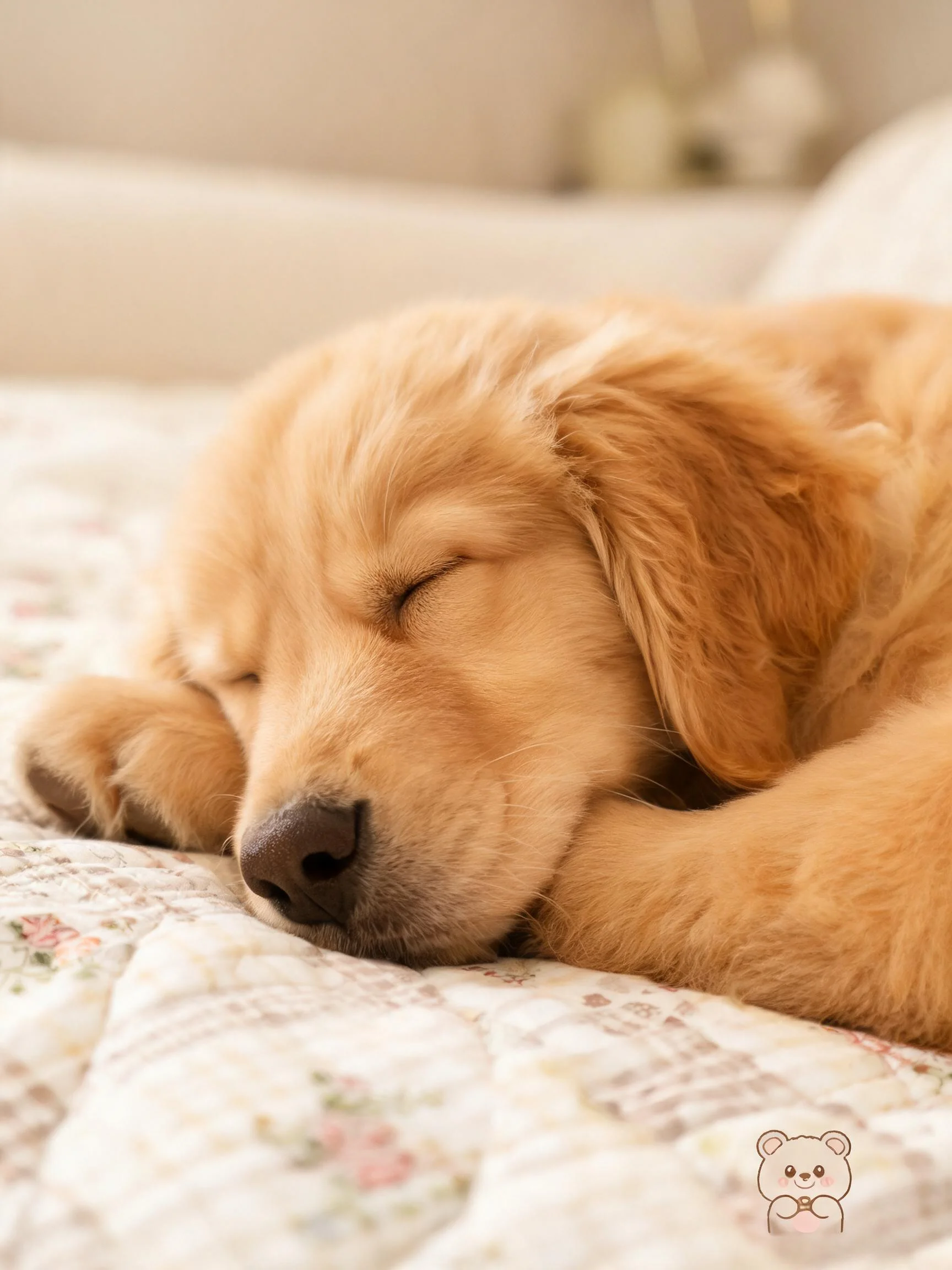 一只金毛幼犬处于睡眠状态,浅金色柔软蓬松的毛发覆盖身体,闭地趴在带有花卉图案的被褥上。
