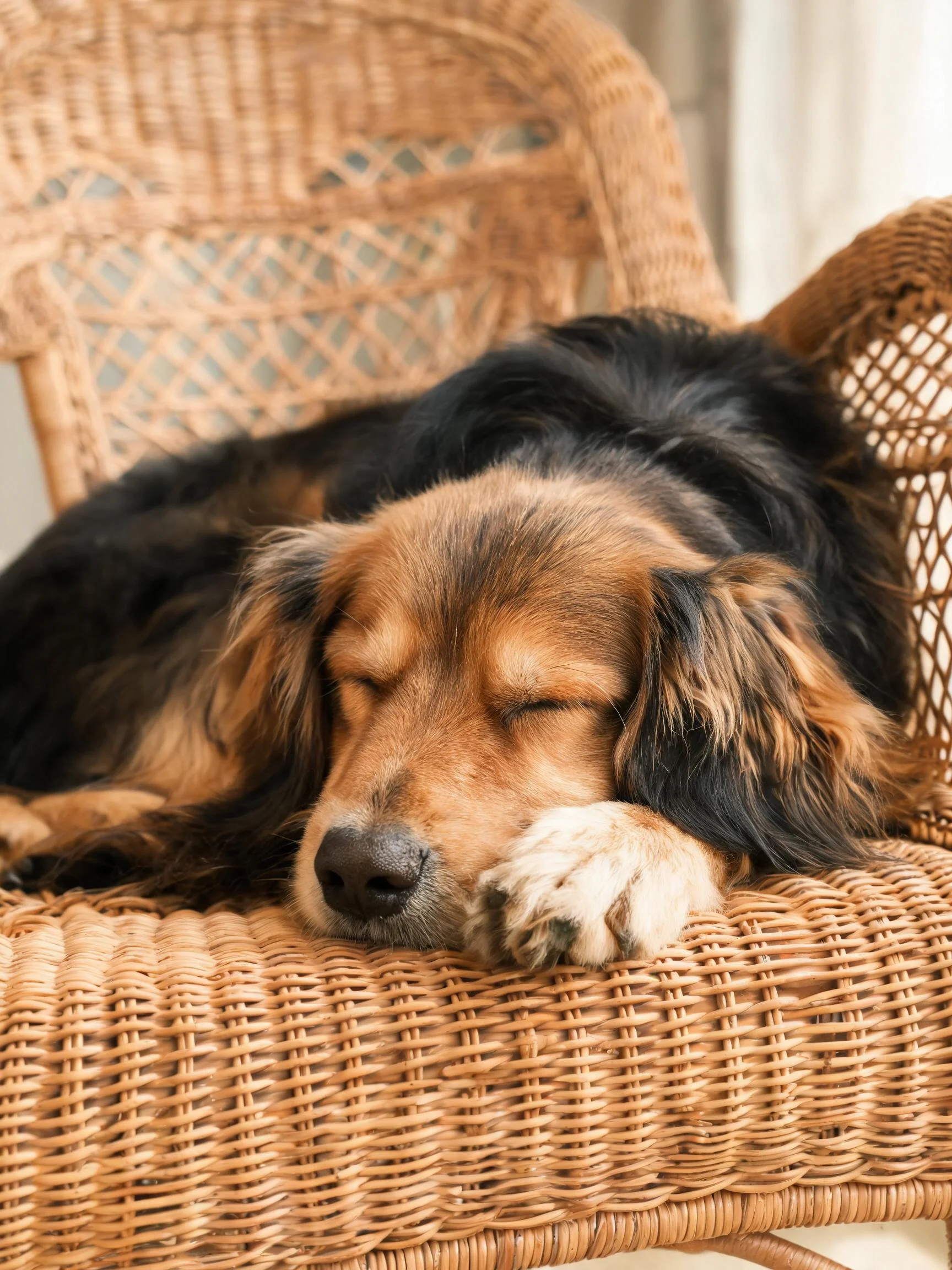 长毛混血犬双眼紧闭,黑色与浅棕色毛发交织,前爪轻放脸部下方,处于睡眠状态。