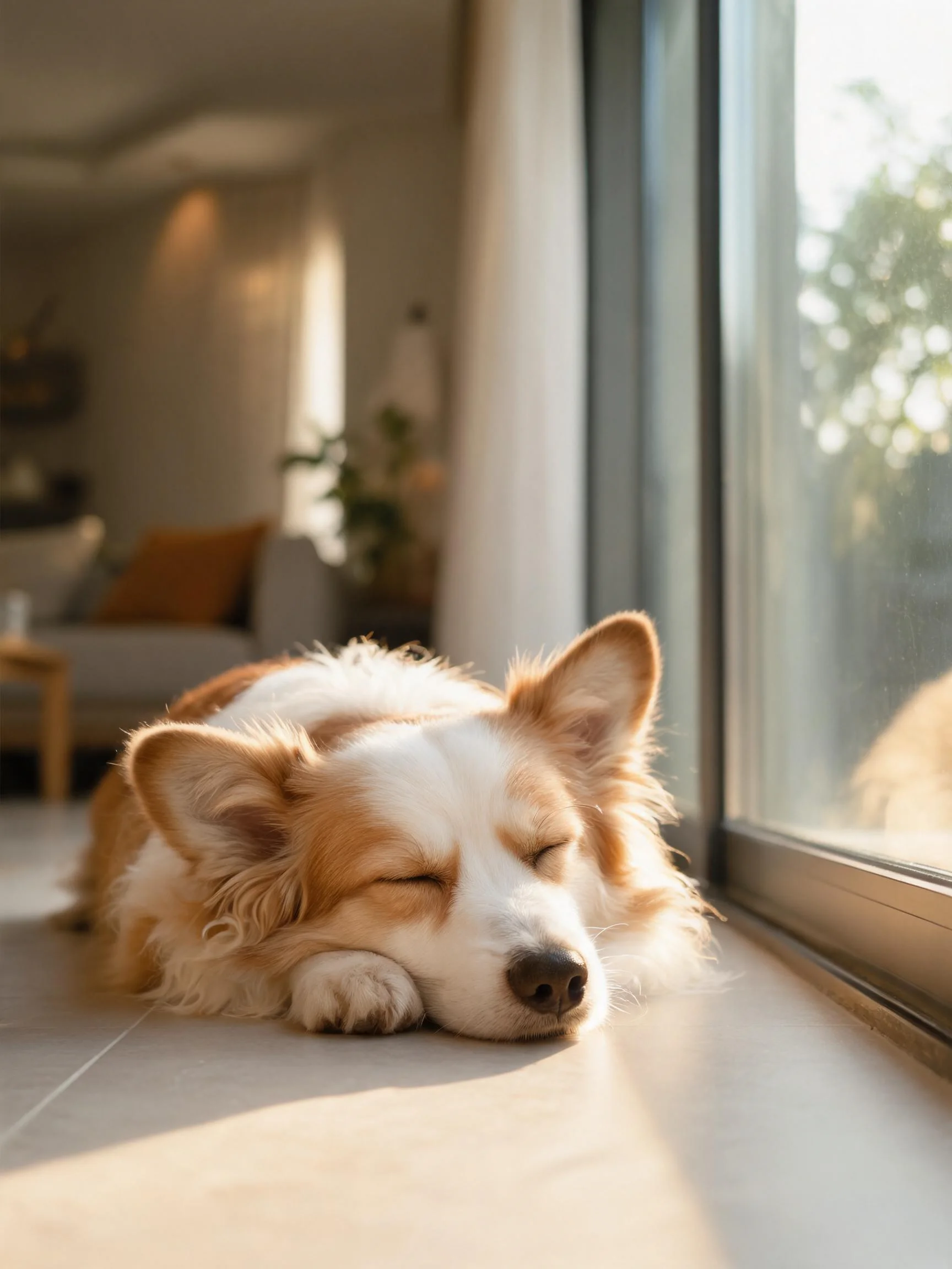 柯基犬双眼闭合安静睡眠,白色与浅棕色毛发柔软贴在额头处。