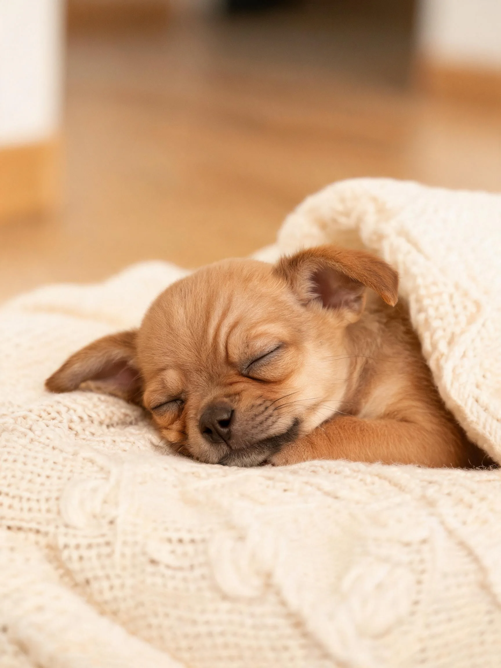 吉娃娃犬幼崽有着浅棕色短毛，正安静地躺在米色针织毯上睡觉。