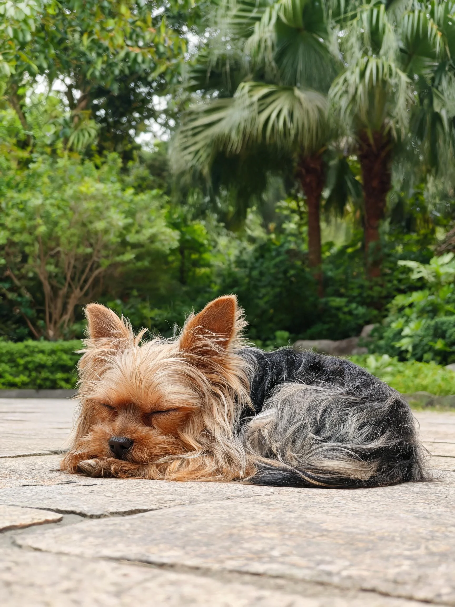 约克夏梗犬蜷卧在石板路上,棕黑相间的毛发柔软地覆盖全身,双眼闭合处于休息状态。