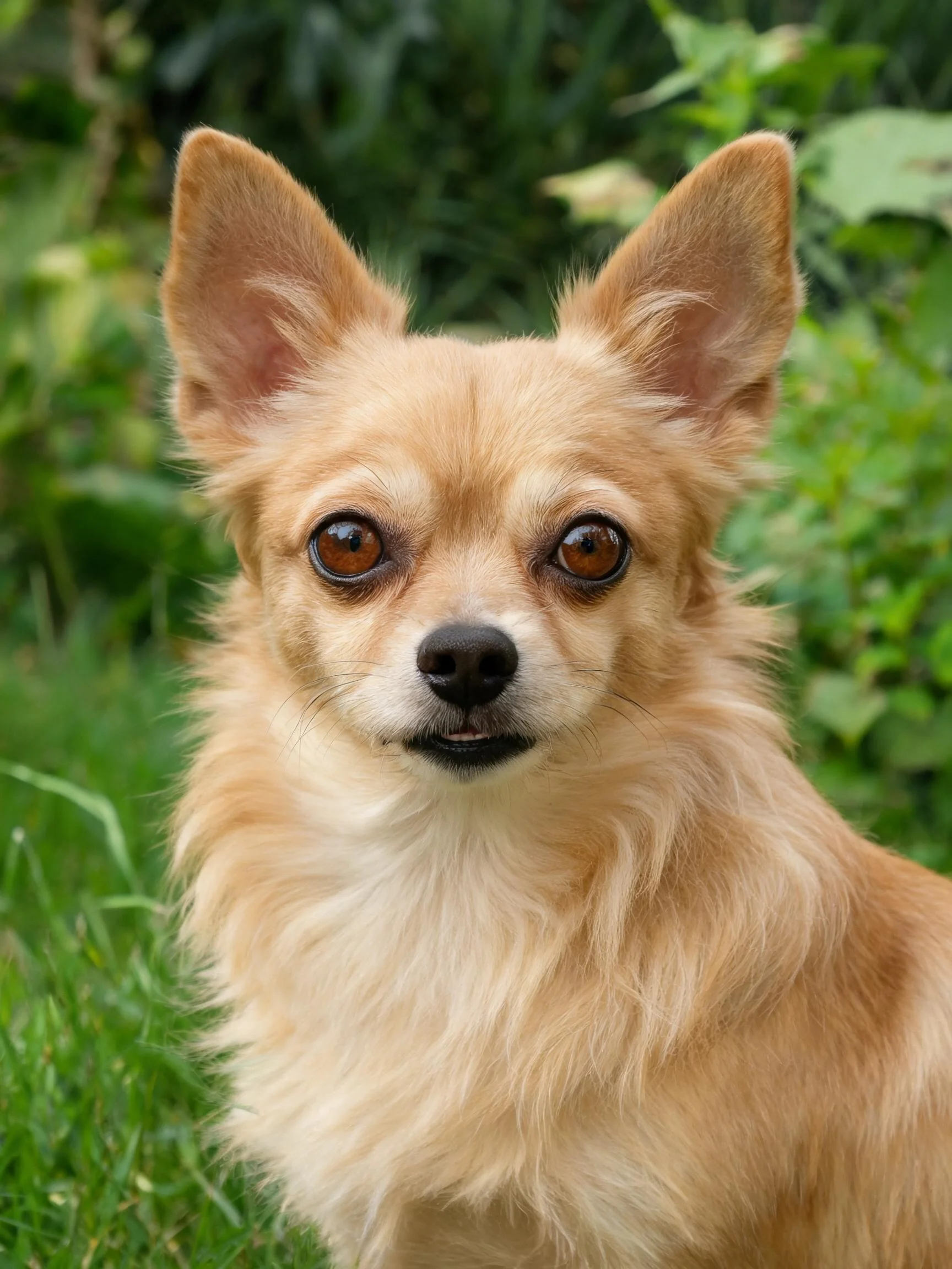 一只长毛吉娃娃犬户外,拥有浅棕色柔软的长毛,眼睛明亮注视前方。