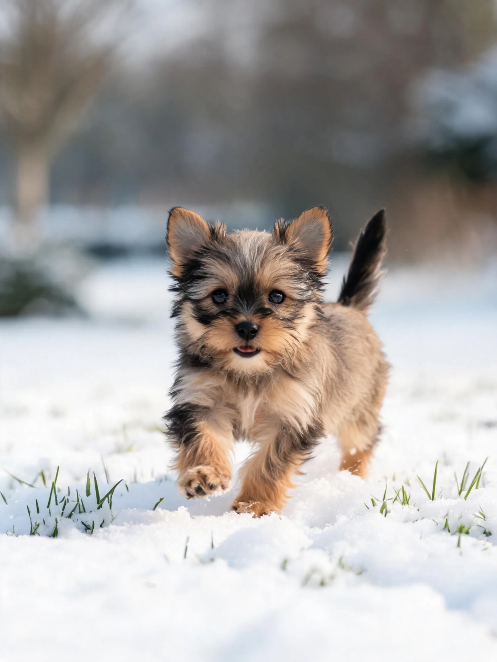 一只约克夏犬幼崽在雪地中奔跑,棕黑相间的毛发清晰可见,爪子接触雪面。