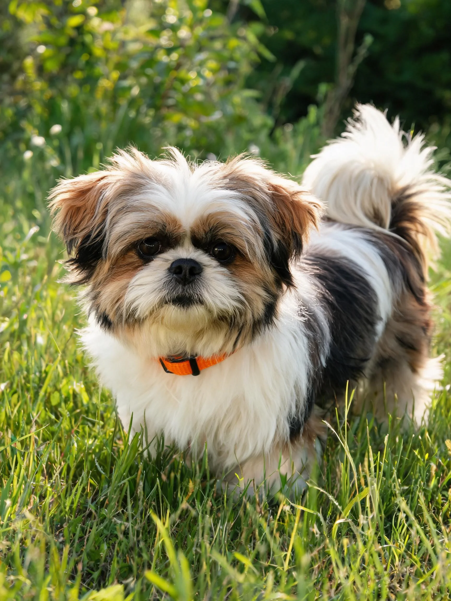 西施犬有着蓬松的白色、棕色和黑色毛发,佩戴橙色项圈,站在阳光明媚的绿色草地上。