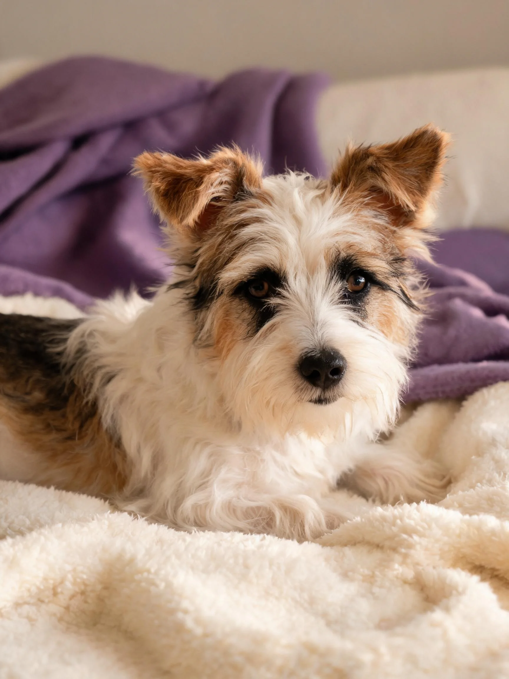 小型猎犬混种犬安静趴卧在毯面上,脸部有深色斑纹,毛发蓬松柔软。
