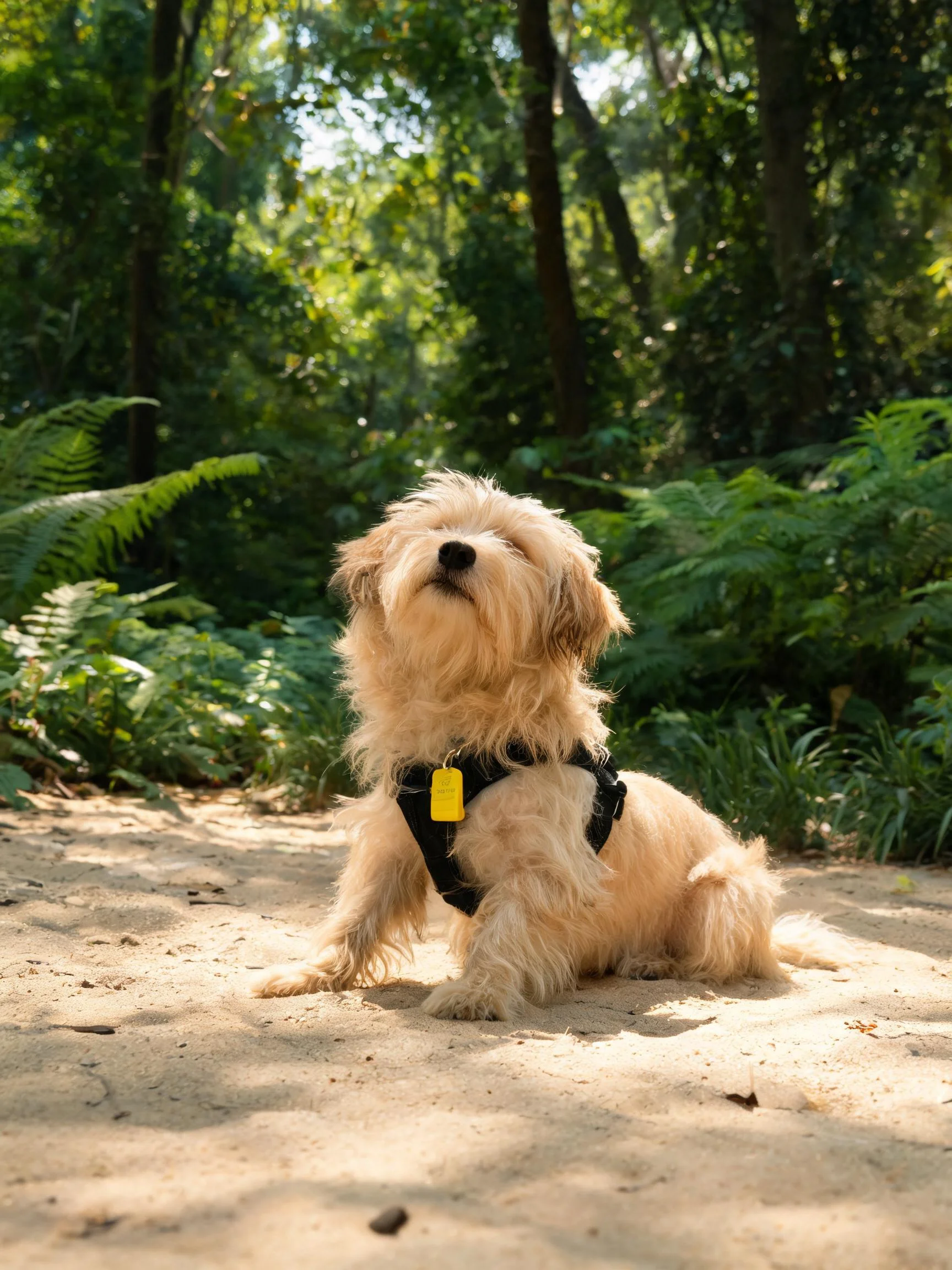 一只穿着黑色牵引带的小型卷毛混种犬安静地坐在阳光照射的沙地上,身上挂着黄色标签,周围是茂密的绿色植被。
