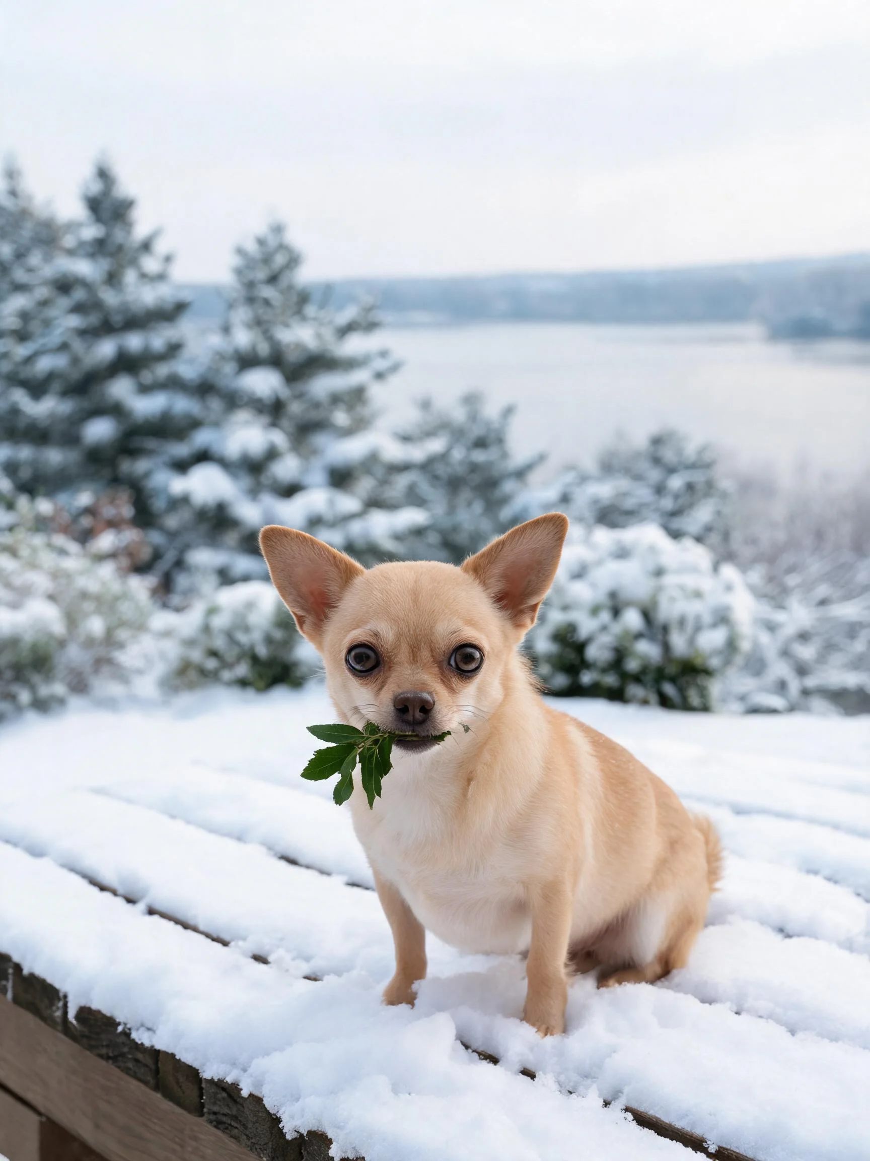 吉娃娃犬嘴里衔着绿叶,浅棕色毛发在雪地背景下清晰可见,绿叶的叶脉纹理分明。