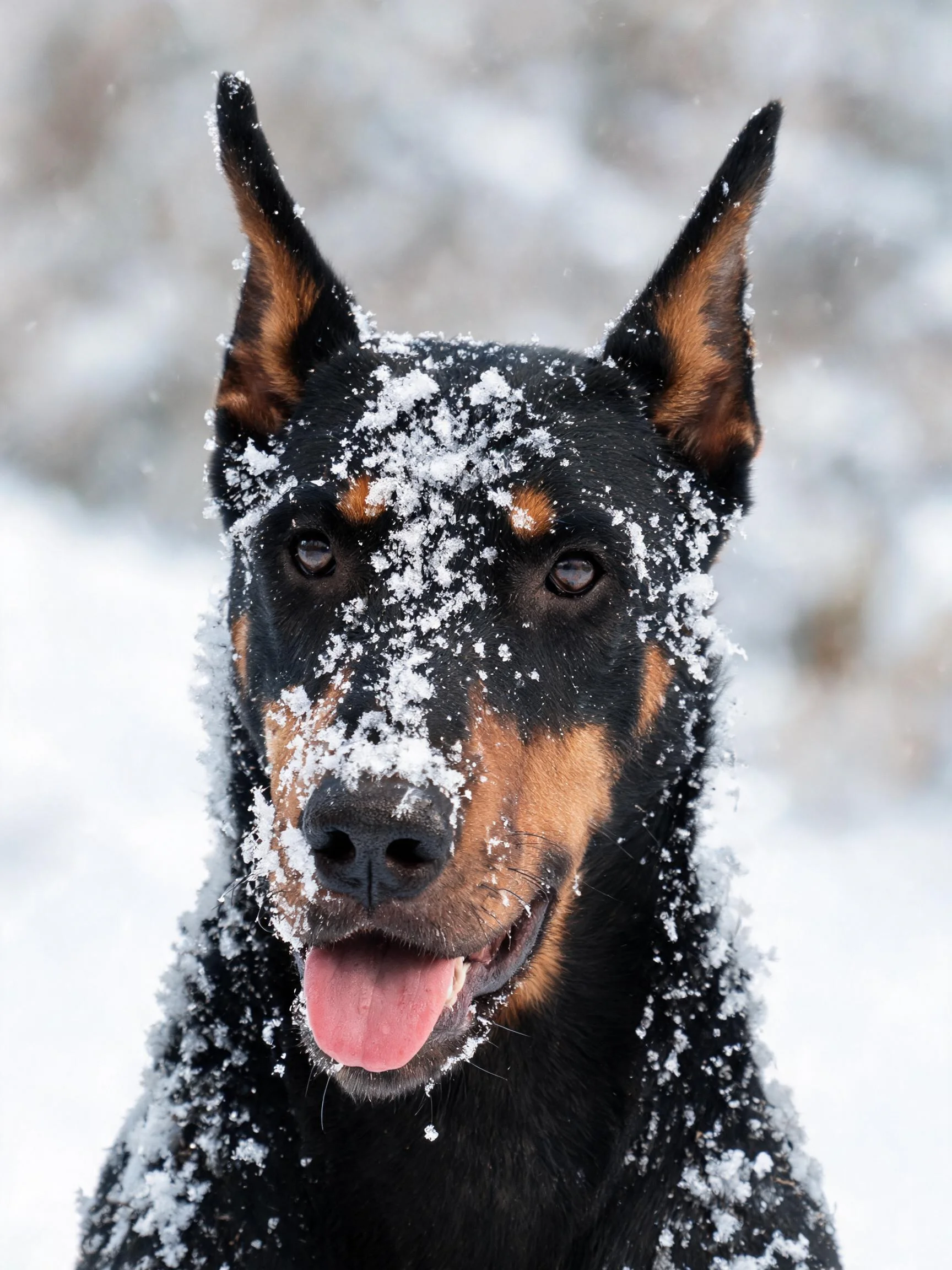 杜宾犬面部被白雪覆盖，展现出其典型黑棕色毛发与雪花的结合状态。