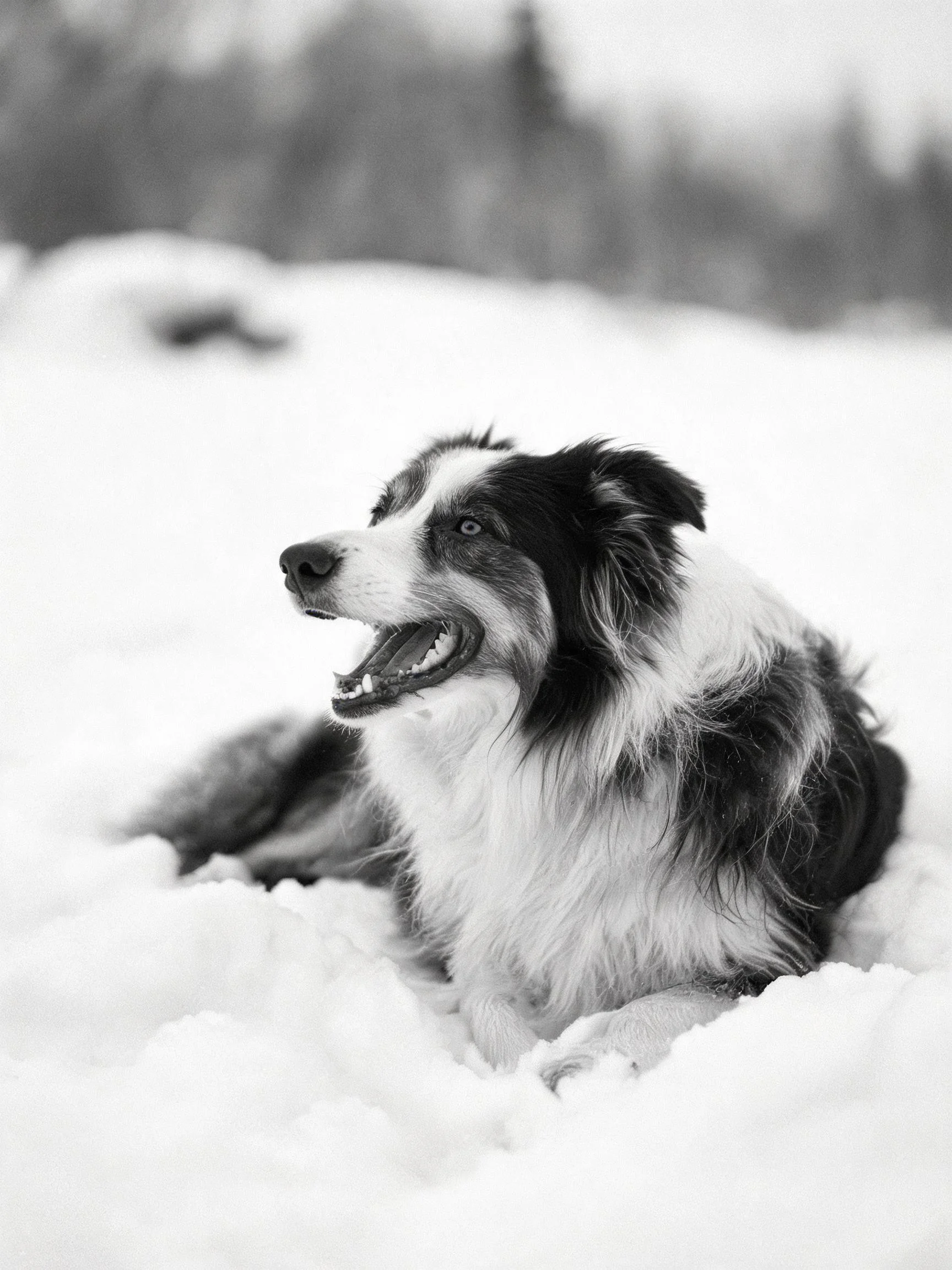 (雪地中黑白相间的边境牧羊犬张嘴躺卧在毛发蓬松有层次。