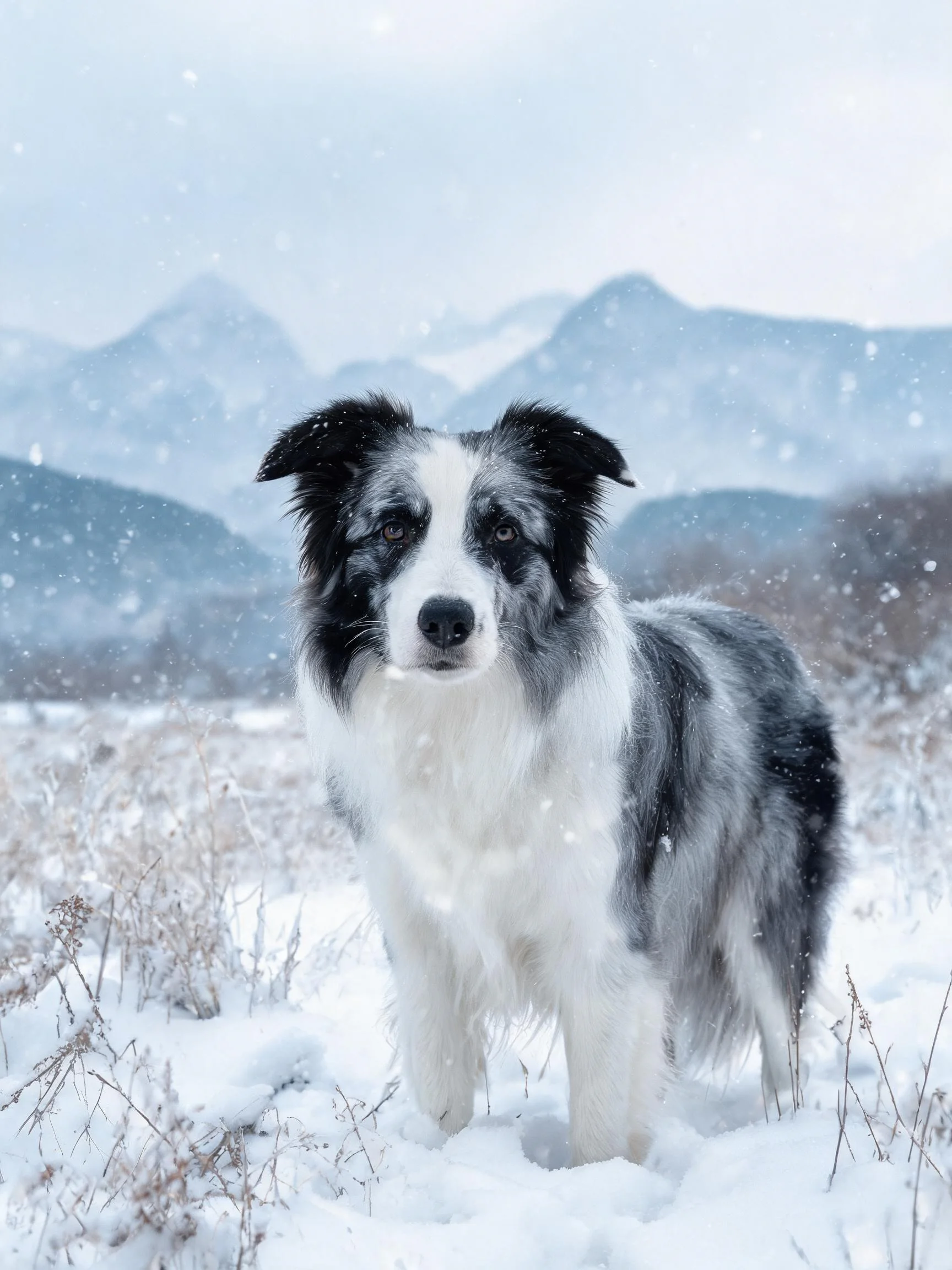 一只黑白相间的边境牧羊犬站在雪地中,耳朵竖起,眼神专注,毛发蓬松有纹理。