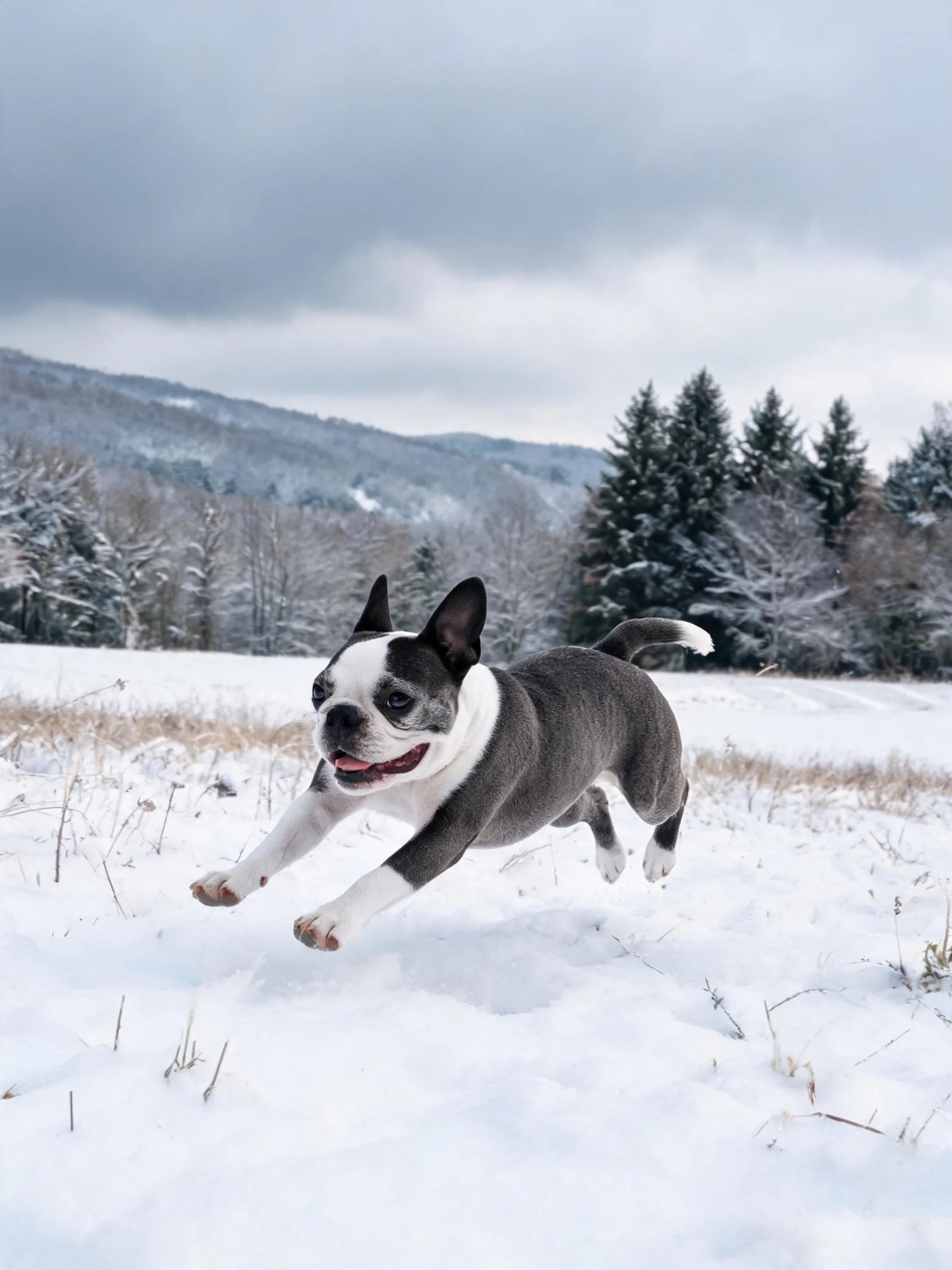一只波士顿梗犬在雪地中奔跑,黑白相间的短毛皮毛清晰可见。