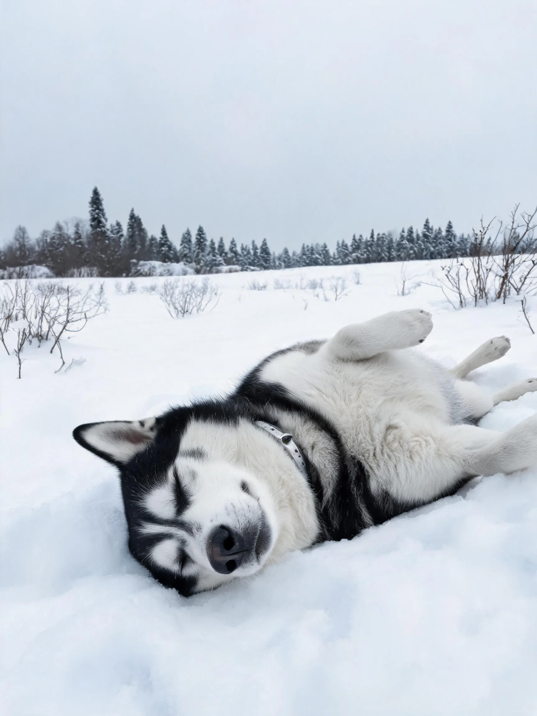 西伯利亚雪橇犬侧躺在雪地上,黑白相间的被毛清晰可见,项圈佩戴整齐。