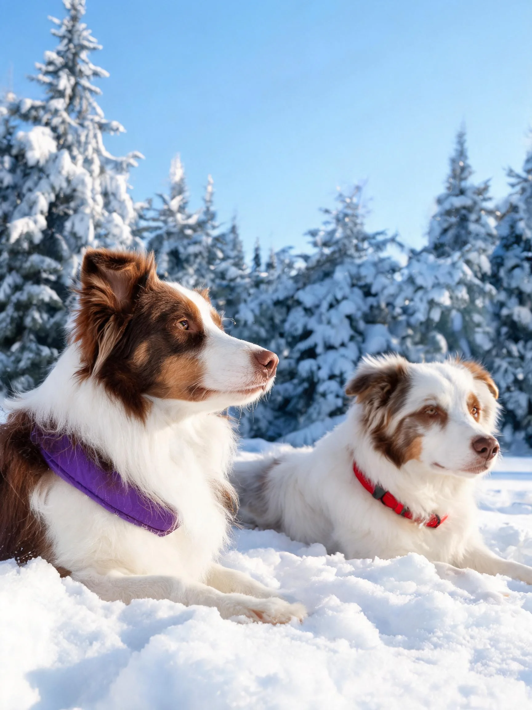 两只澳州牧羊犬在雪地中安静躺卧,左侧狗狗棕白相间毛发清晰可见,紫色胸背带与雪地形成色彩对比。