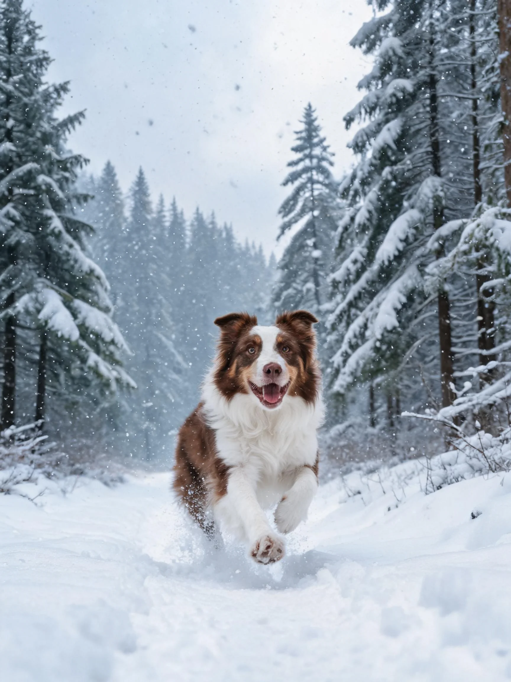 一只棕白相间的边境牧羊犬在雪地森林中奔跑，毛发蓬松且带有明显棕白斑纹。