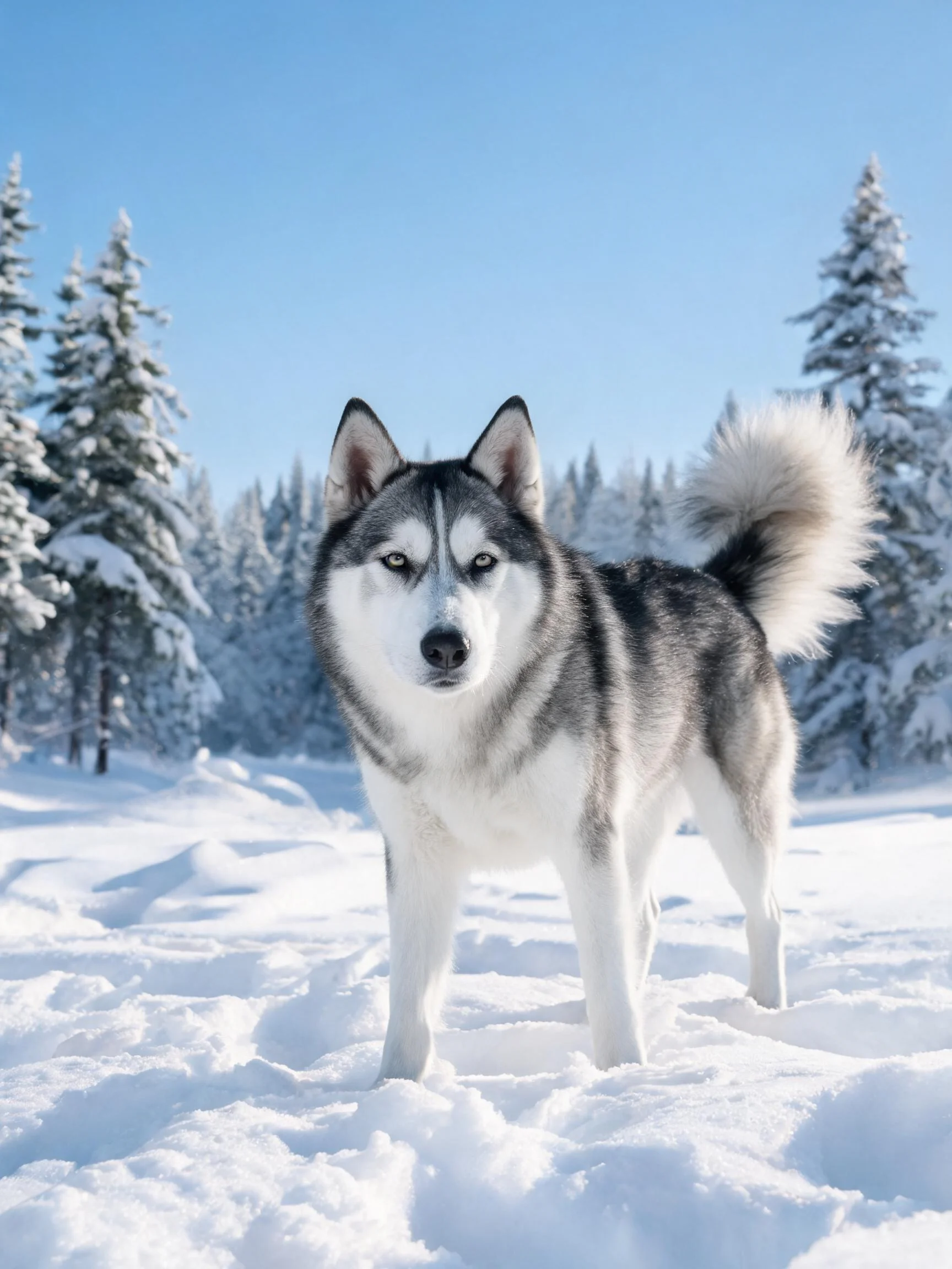 西伯利亚雪橇犬站在雪地上，灰白相间的毛发清晰可见，耳朵竖起，目光注视前方。