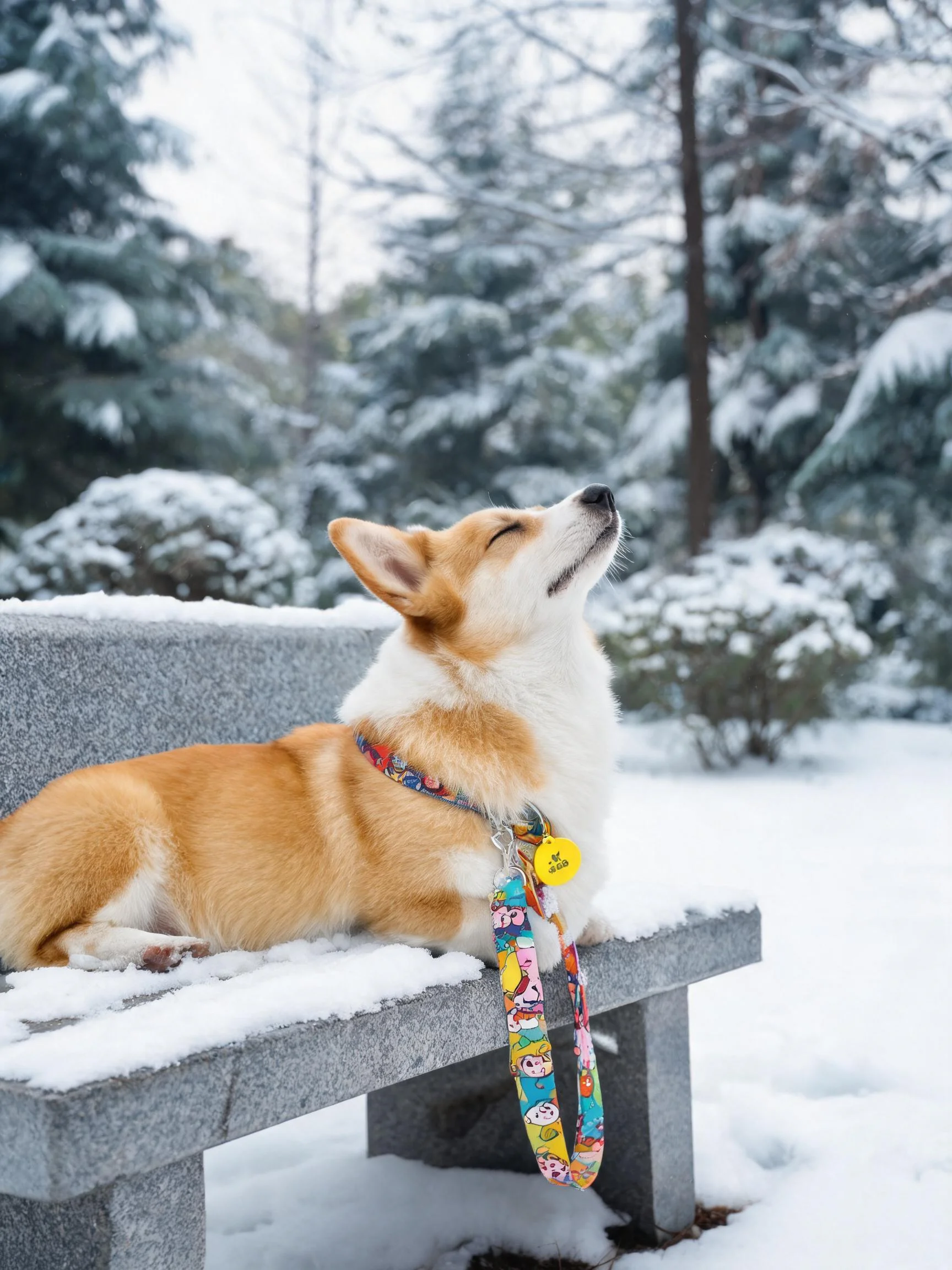 雪地长椅上,一只黄白相间的威尔士柯基犬仰着头,身上覆盖着轻微积雪,项圈和牵引绳清晰可见。
