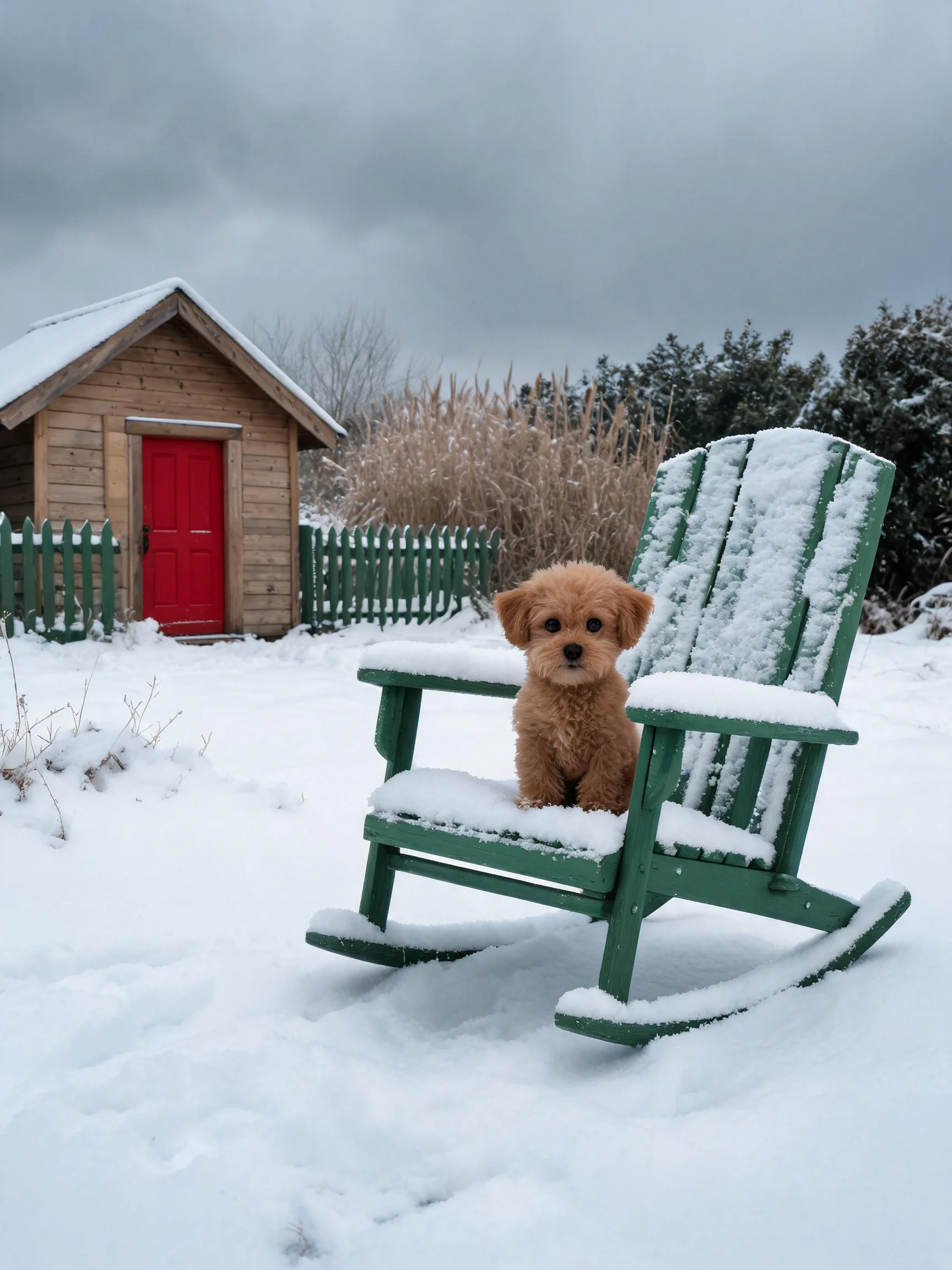 一只贵宾犬幼犬坐在积雪覆盖的绿色摇椅上,浅棕色卷曲毛发清晰可见。