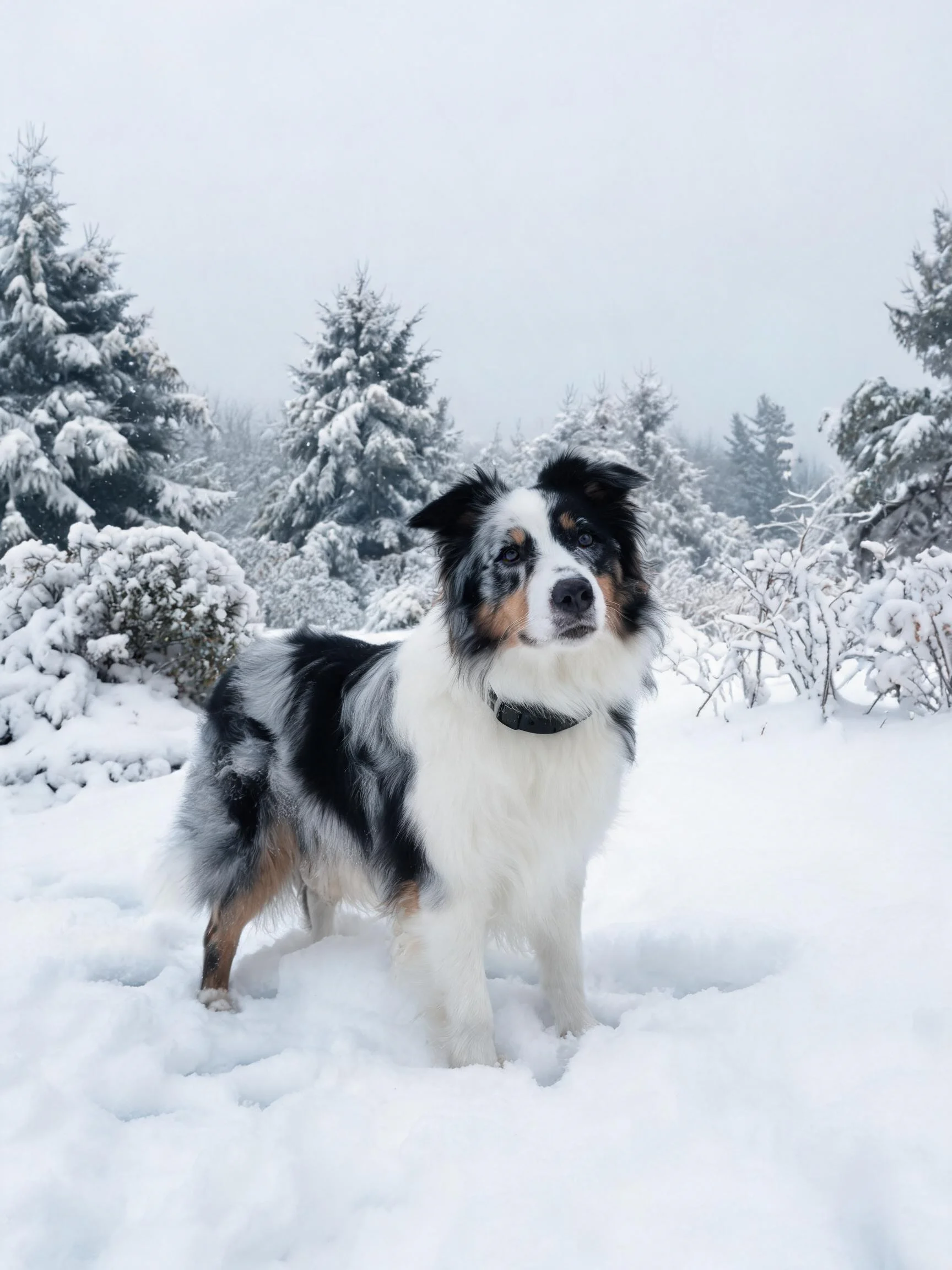 三色边境牧羊犬站在雪地中,黑白棕相间的毛发清晰可见,周围是被白雪覆盖的树林。