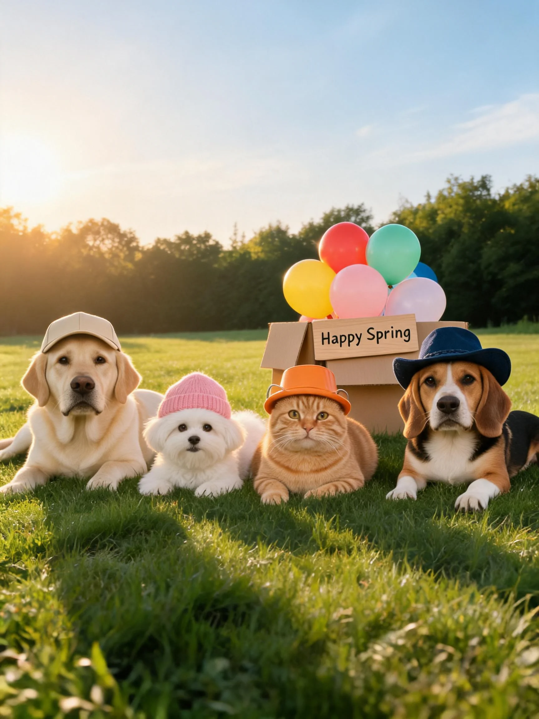 黄色拉布拉多犬戴着浅色棒球帽趴在绿色草坪上,身旁是其他三种不同品种的宠物。