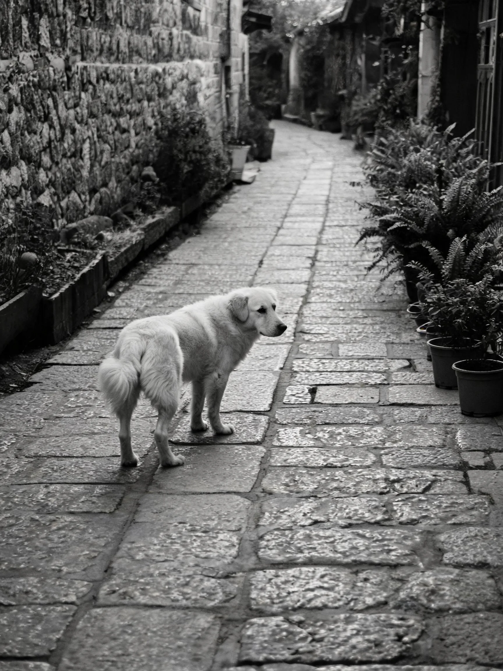 一只毛发洁白的大白熊犬站在石板小径上,目光朝向画面右侧。