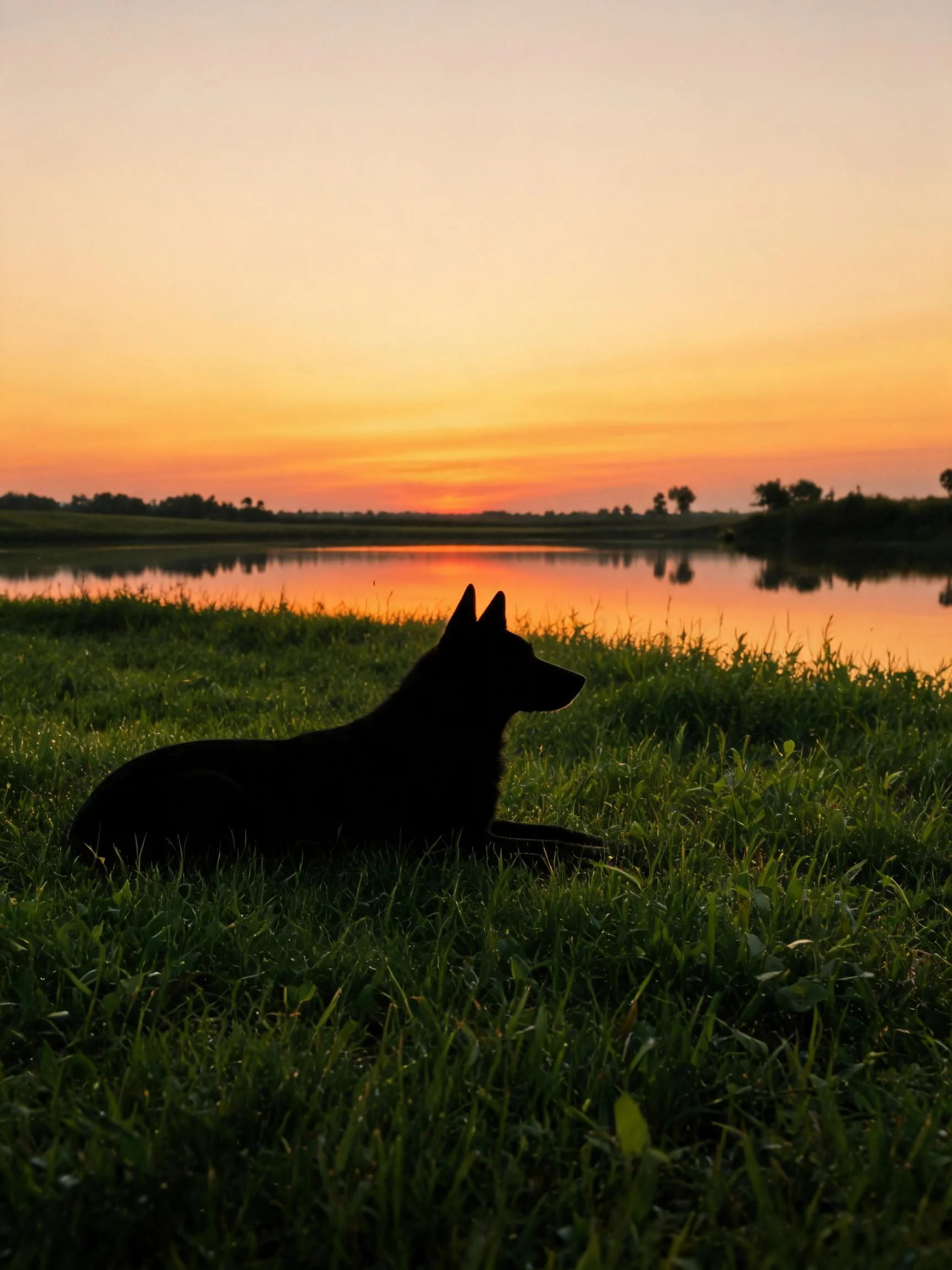 德国牧羊犬呈黑色剪影形态,耳朵竖立,趴卧在绿色草地上,背景是平静的水面和橙红色天空。