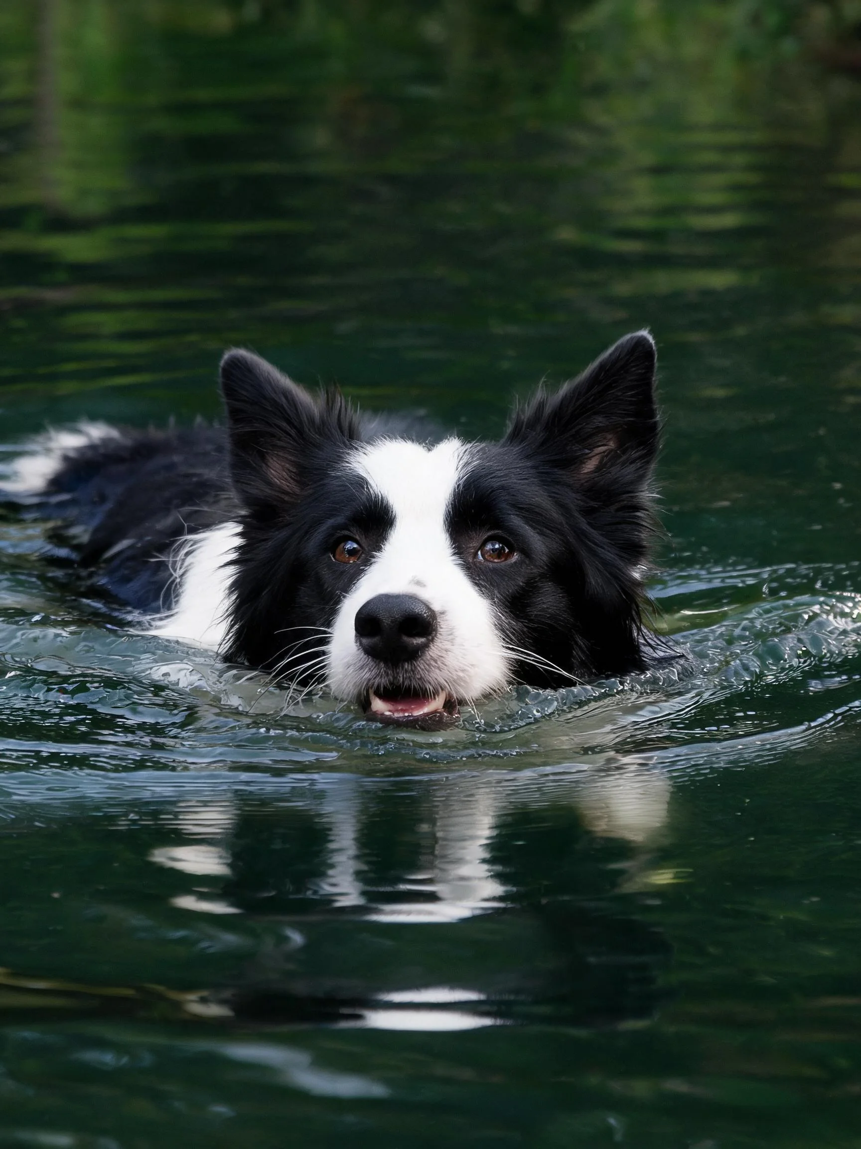 边境牧羊犬在绿色水域中游泳,黑白相间的毛发湿润贴在头部,嘴巴微微张开。