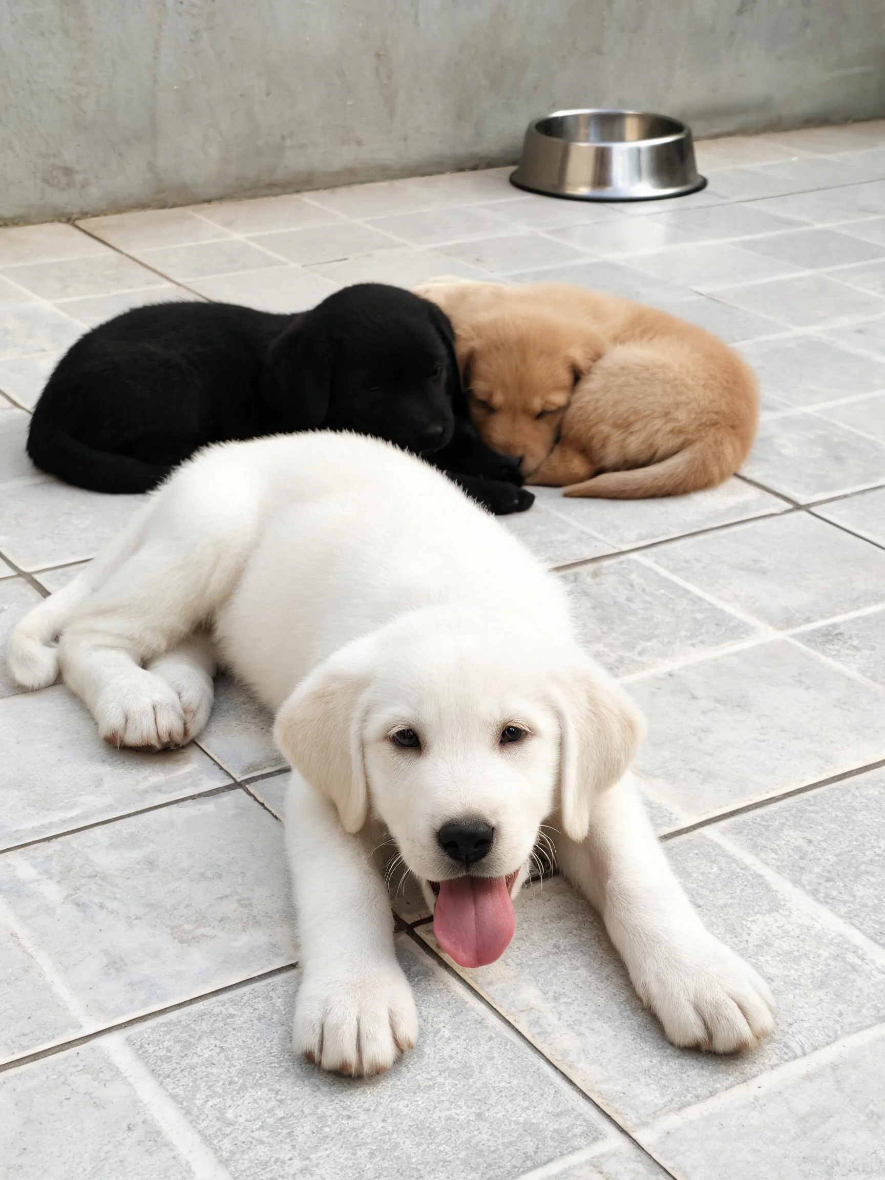 三只拉布拉多犬幼犬中,白色的幼犬吐着舌头,黑色的幼犬与黄色的幼犬依偎而睡,柔软的白色绒毛清晰可见。