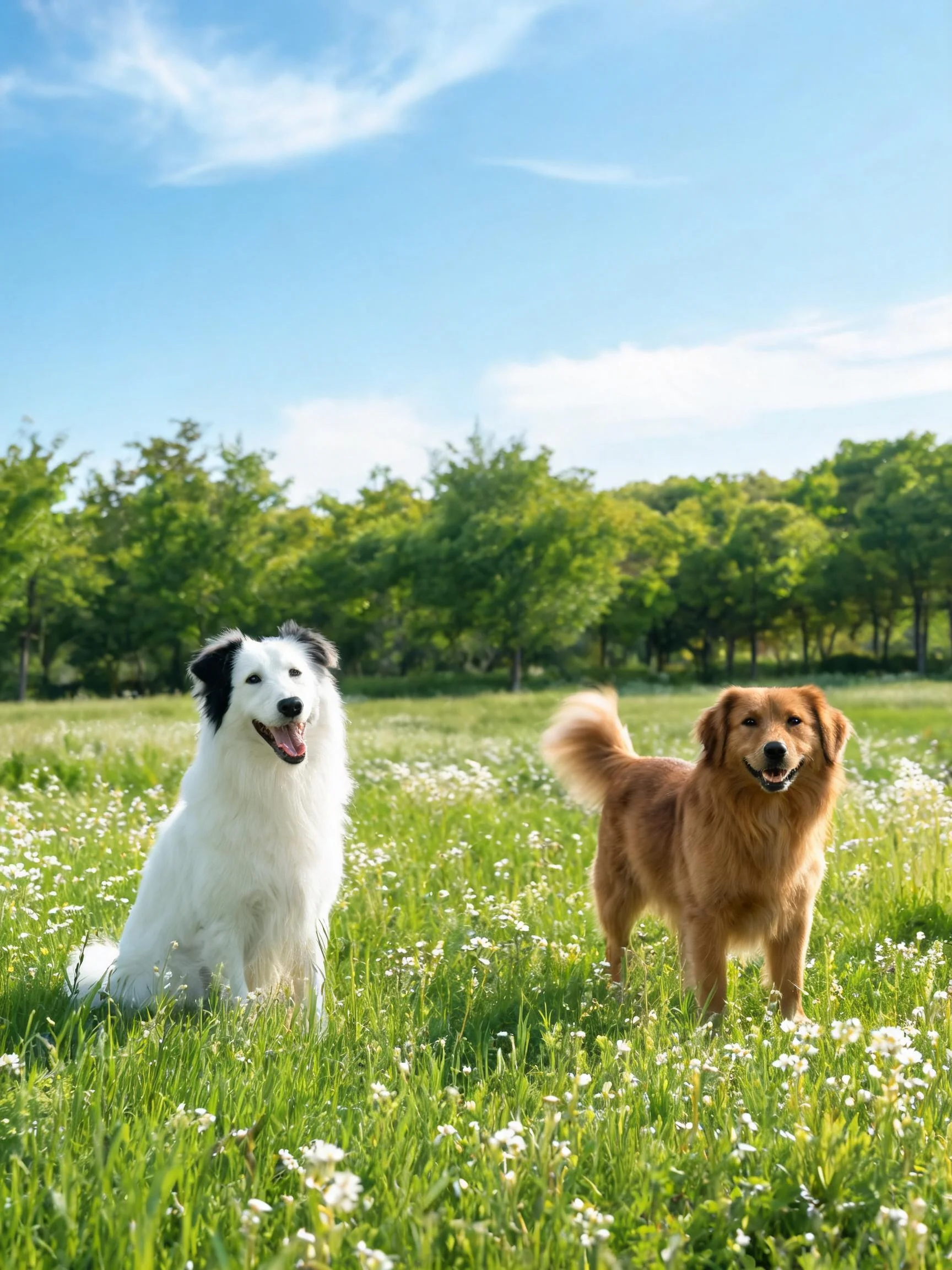 图像中展示了一只黑白毛色的边境牧羊犬和一只金黄毛发的金毛寻回犬,它们站在开满小白花的草地上,背景是茂密树林,整体氛围清新。
