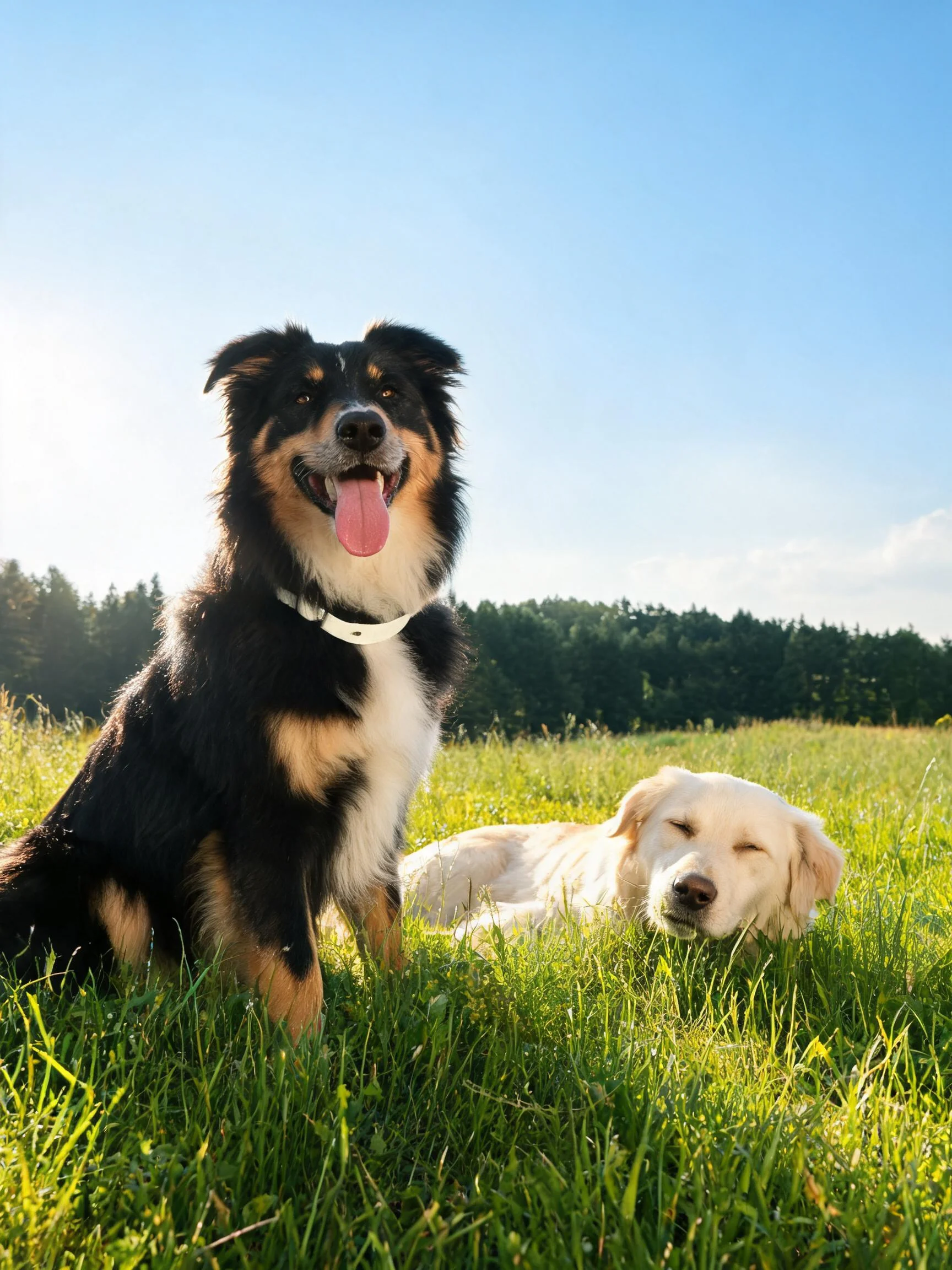 草地上的边境牧羊犬嘴巴张开露出湿润的舌头,身旁金毛寻回犬安静躺卧。