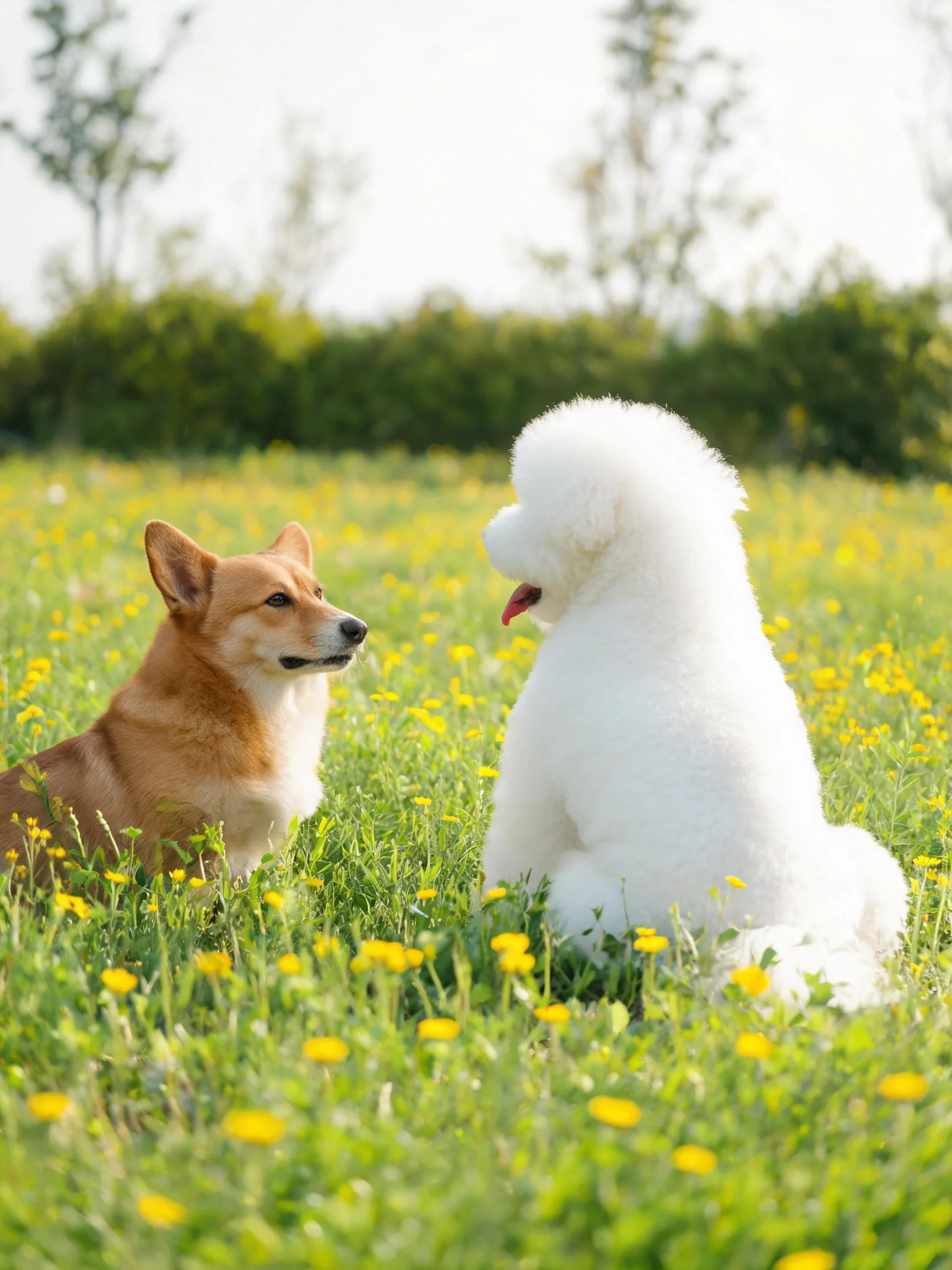草地中柯基犬与贵宾犬对视，贵宾犬白色卷毛蓬松贴在背部。