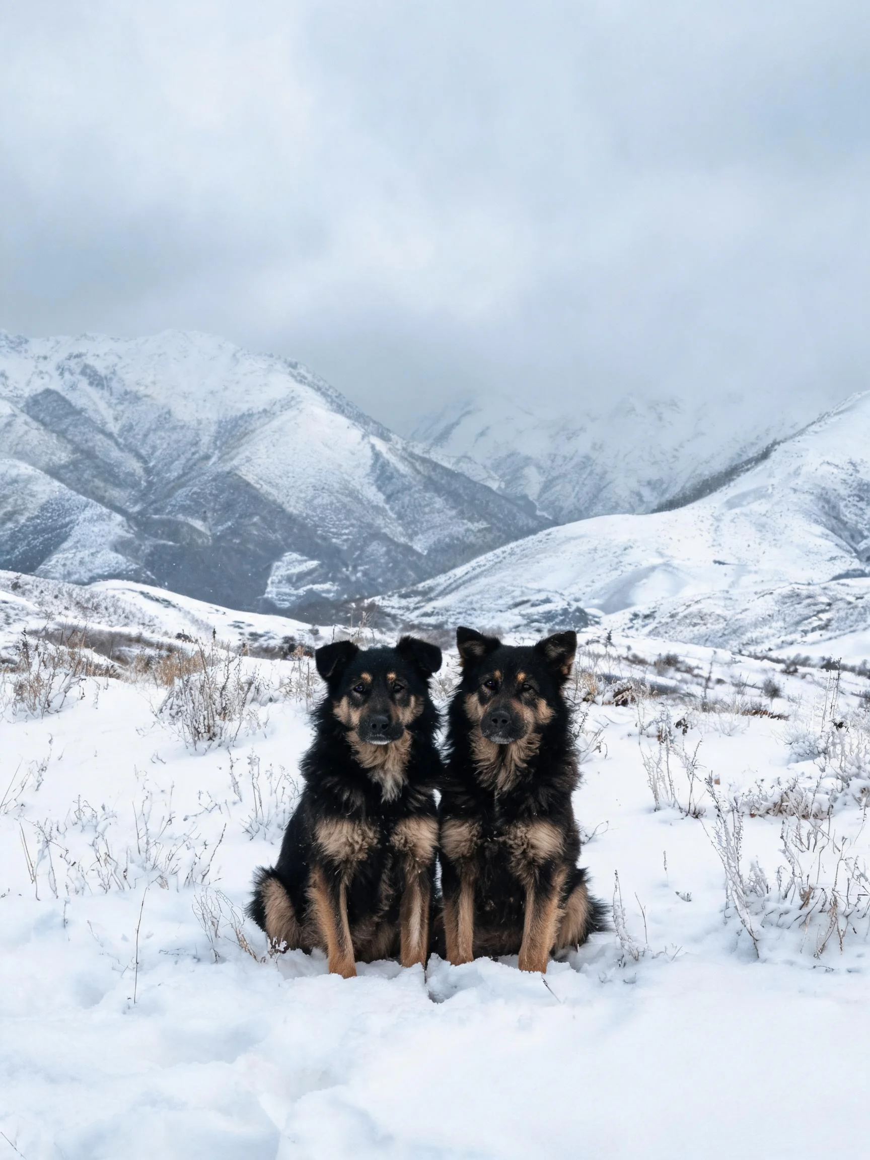 雪地中并排而坐的黑棕色混种犬，毛发浓密且贴贴身体表面。
