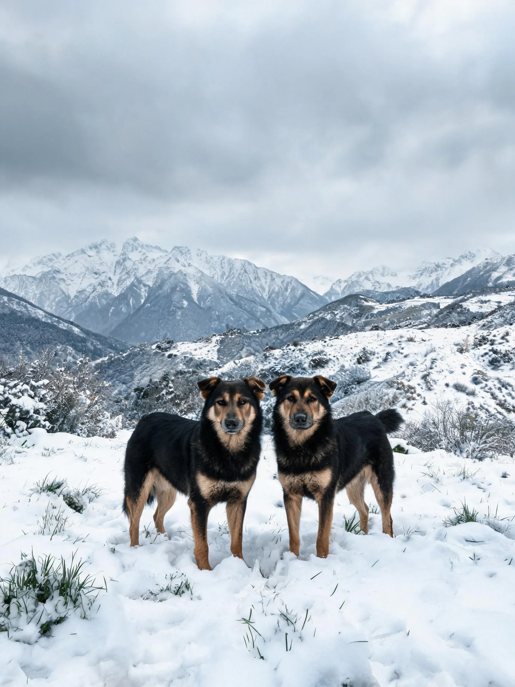 两只中型工作犬混种在雪地中伫立,黑色与棕色相间的毛发短而浓密。