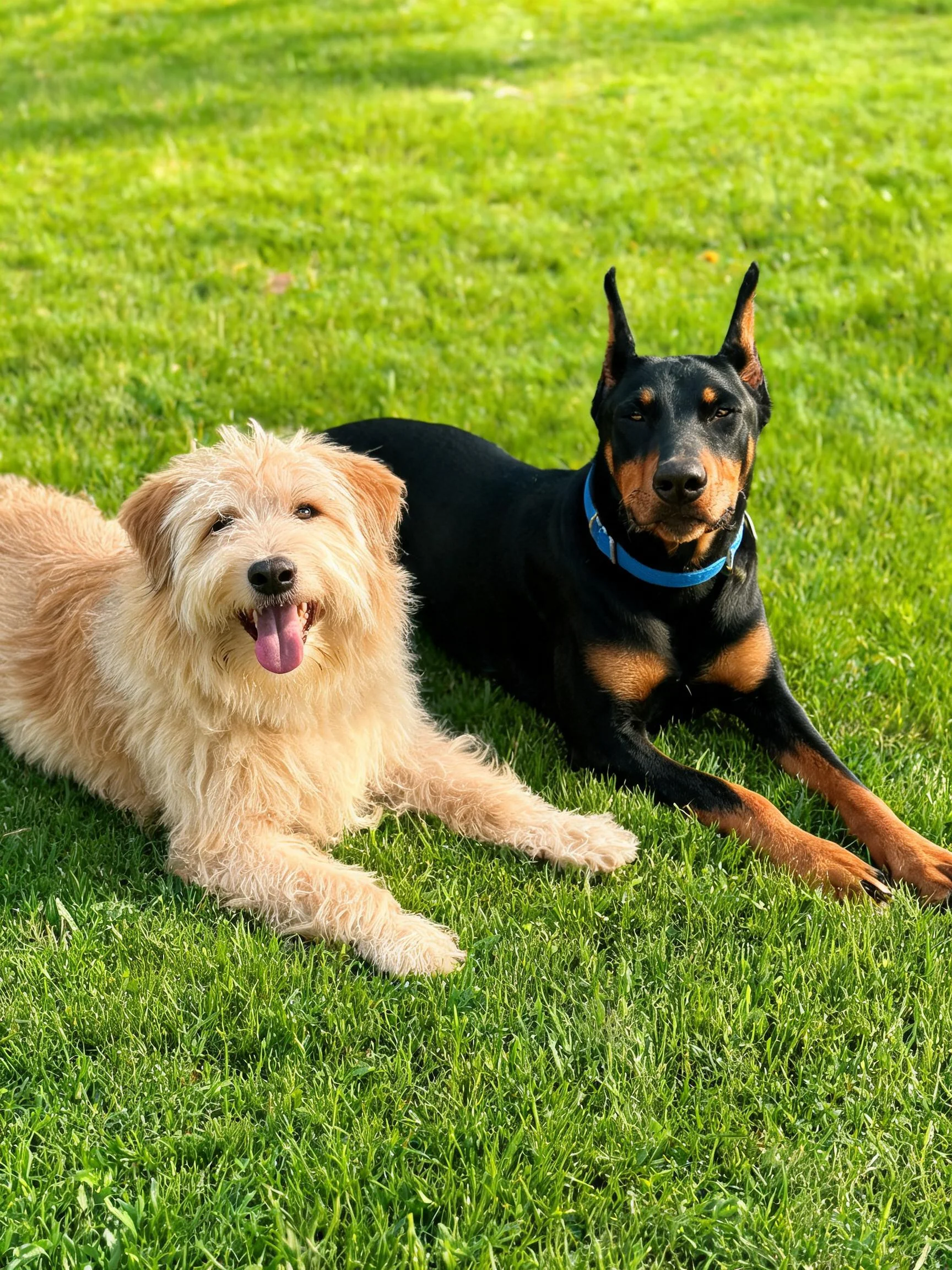 杜宾犬与长毛混种犬并排趴在草地上,杜宾犬有黑色的带棕色斑纹被毛,毛发短而顺滑。